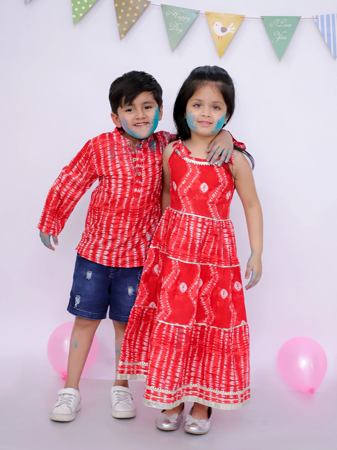 BownBee Pure Cotton Bandhani Short Kurta And Tier Dress Sibling Set