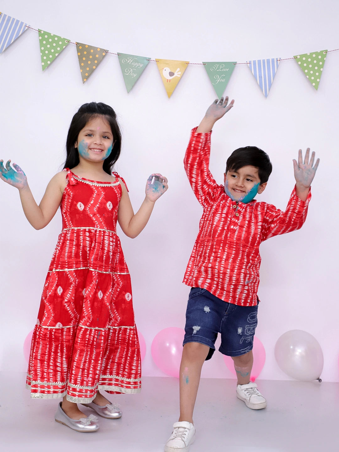 BownBee Pure Cotton Bandhani Short Kurta And Tier Dress Sibling Set