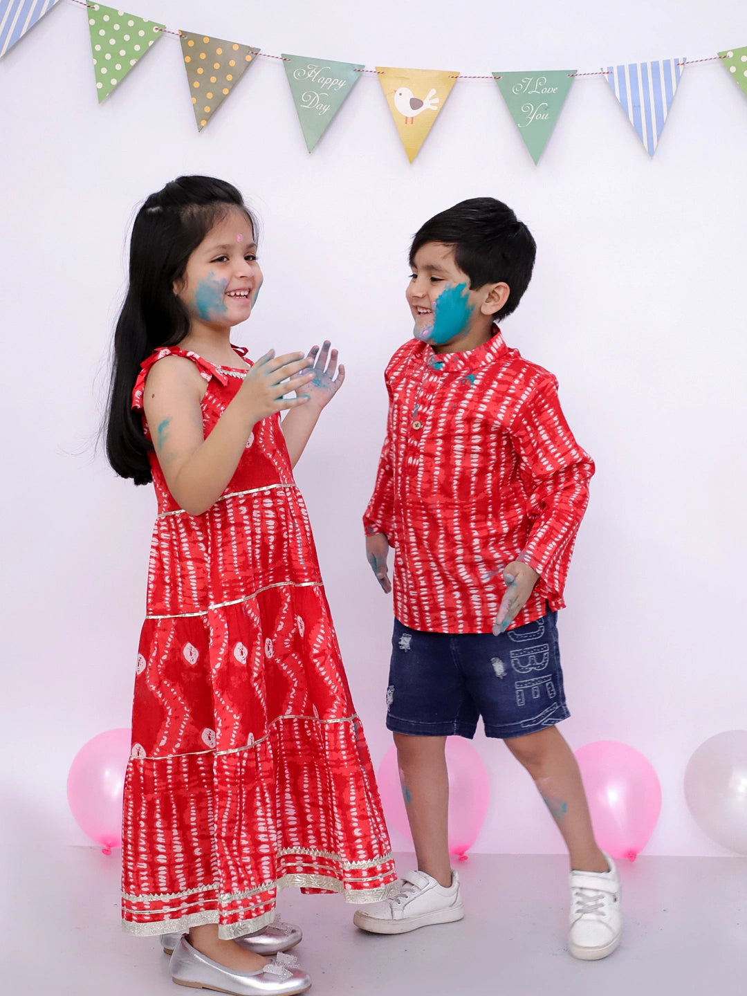BownBee Pure Cotton Bandhani Short Kurta And Tier Dress Sibling Set