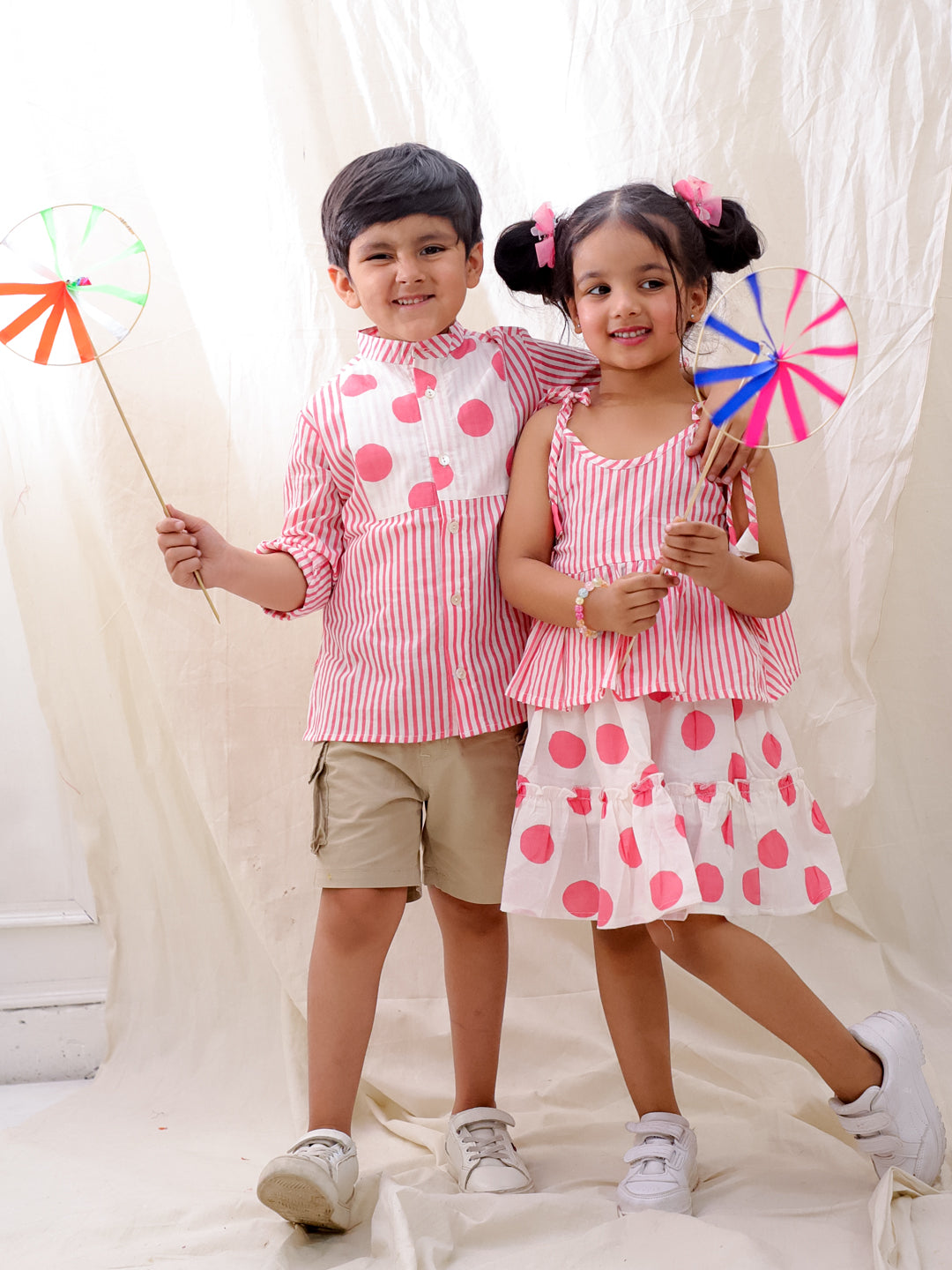 BownBee Summer Polka Dots Short Kurta & Skirt Top Sibling Set - Pink