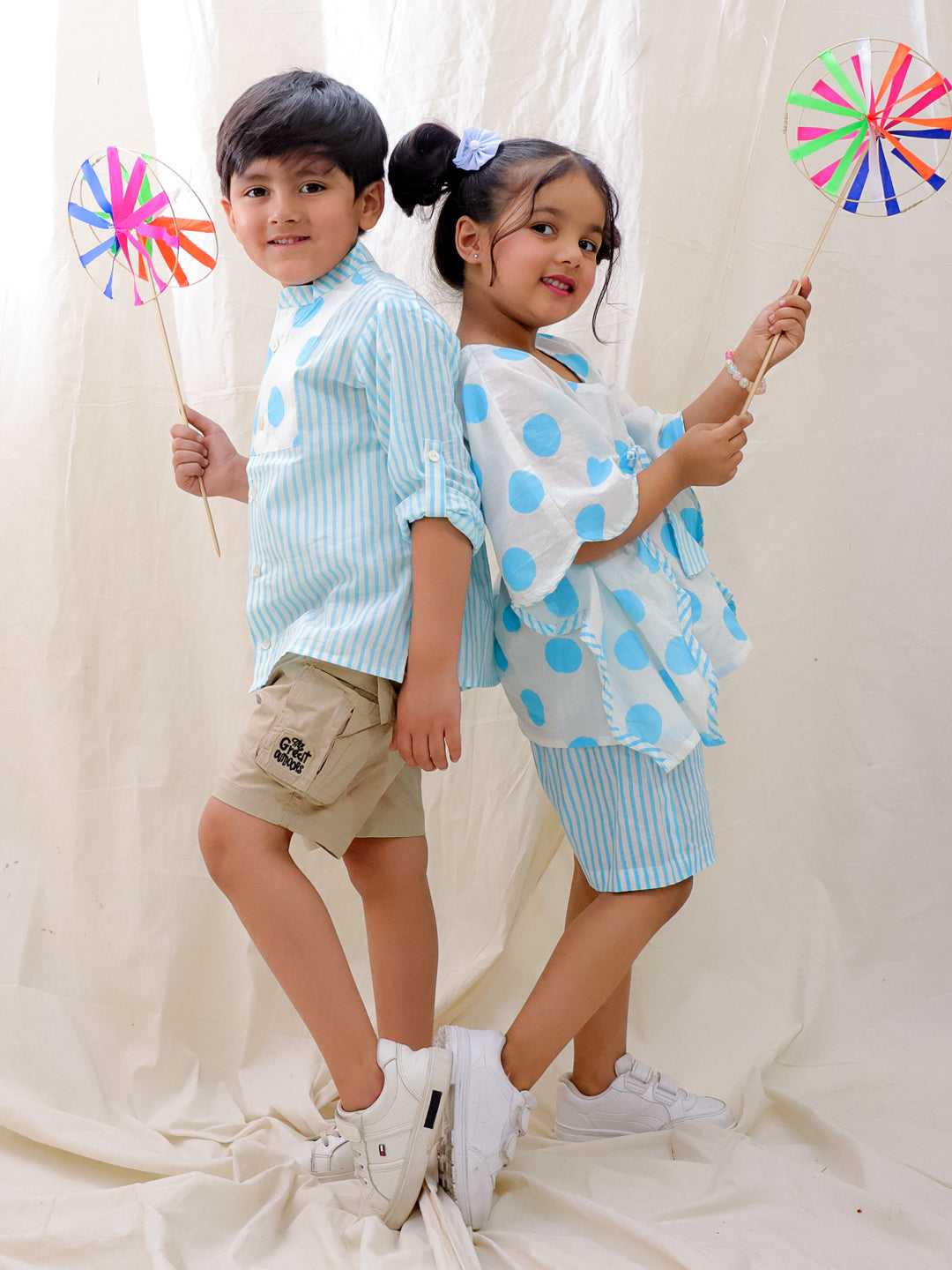 BownBee Summer Polka Dots Short Kurta & Skirt Top Sibling Set - Pink
