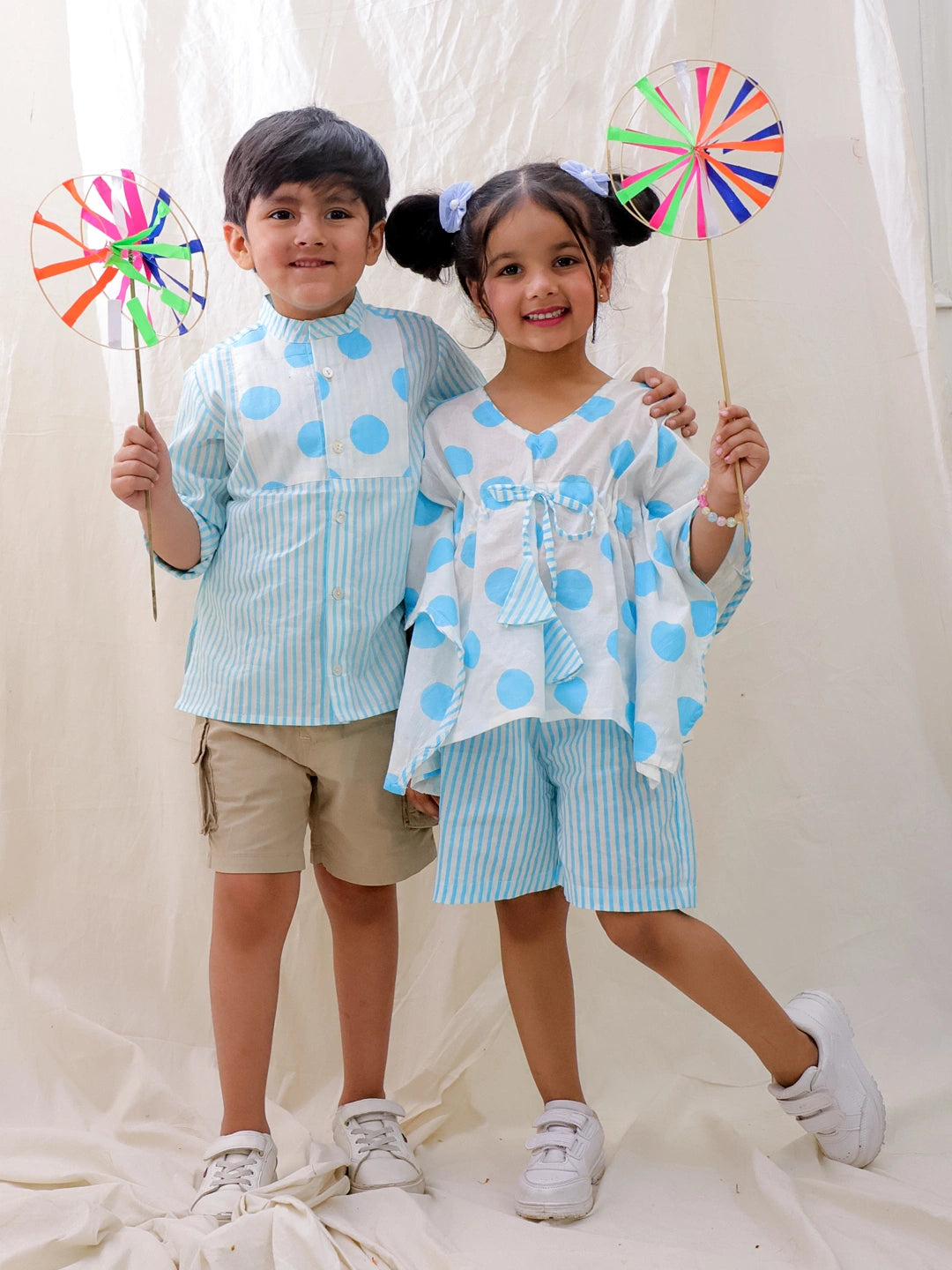 BownBee Summer Polka Dots Short Kurta & Skirt Top Sibling Set - Pink
