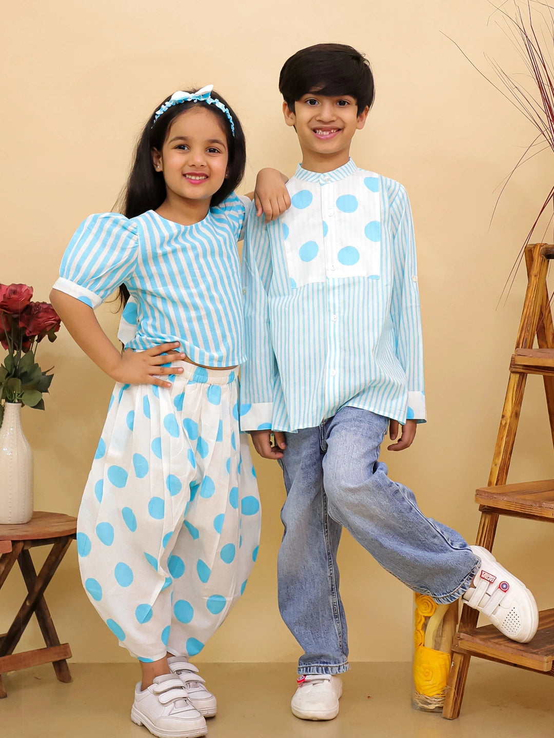 BownBee Summer Polka Dots Short Kurta & Top With Flared Pants Sibling Set
