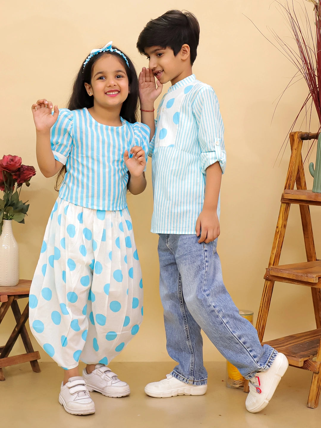 BownBee Summer Polka Dots Short Kurta & Top With Flared Pants Sibling Set