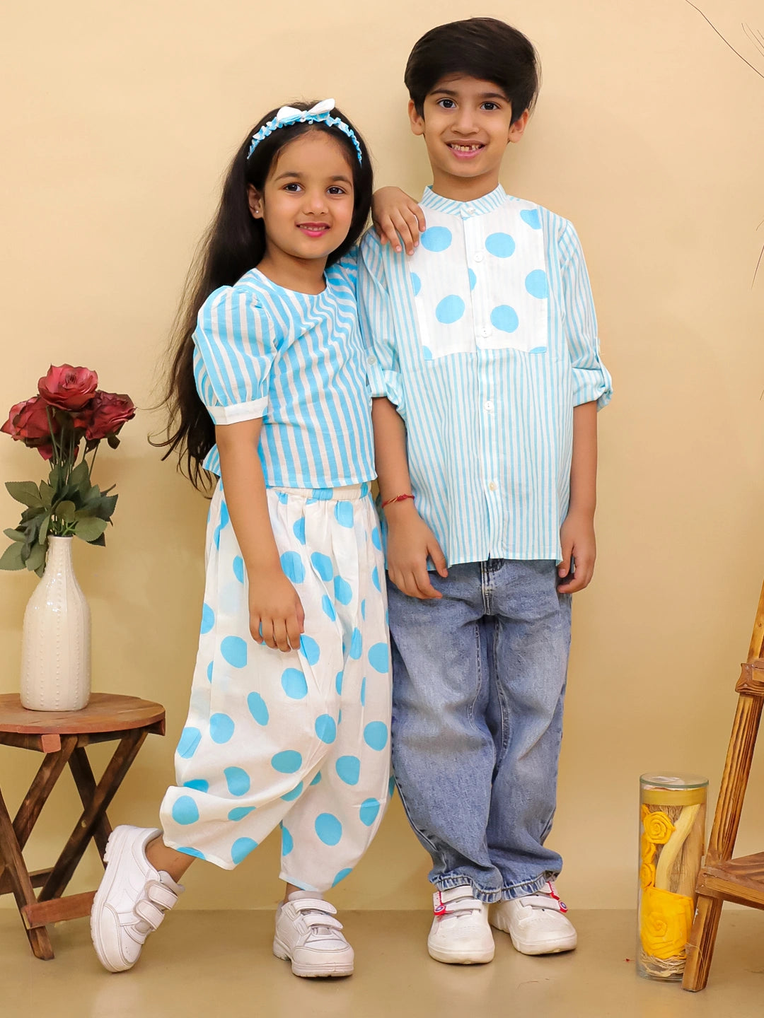 BownBee Summer Polka Dots Short Kurta & Top With Flared Pants Sibling Set