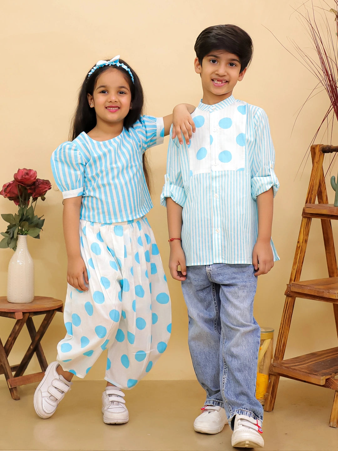 BownBee Summer Polka Dots Short Kurta & Top With Flared Pants Sibling Set
