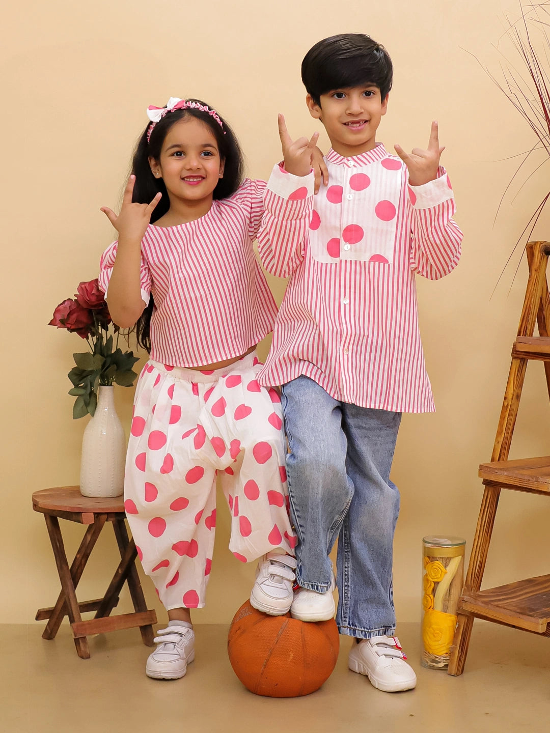 BownBee Summer Polka Dots Short Kurta & Top With Flared Pants Sibling Set