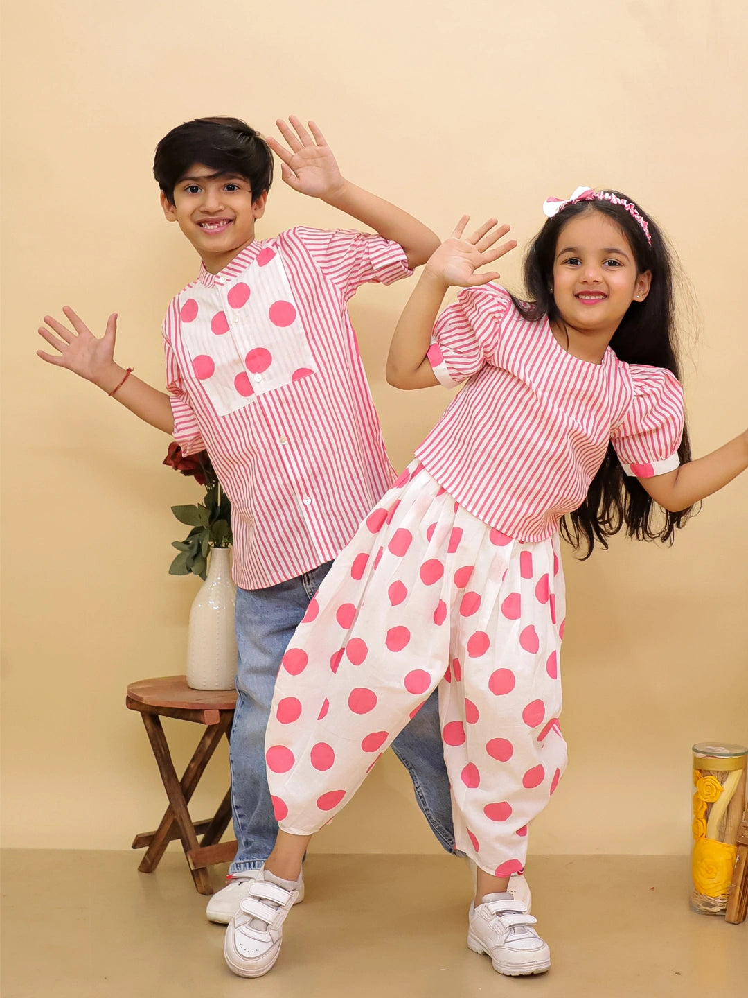BownBee Summer Polka Dots Short Kurta & Top With Flared Pants Sibling Set
