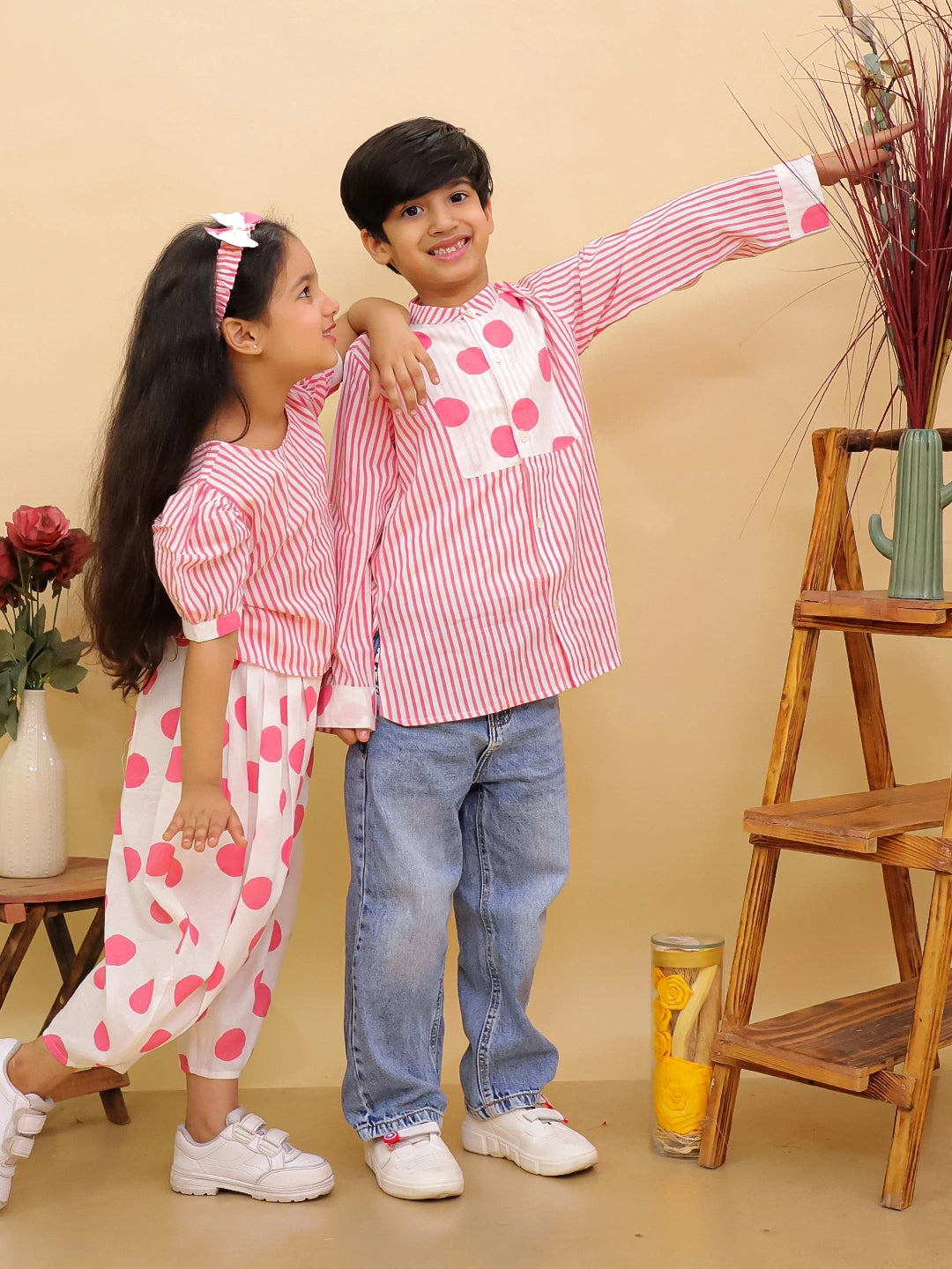 BownBee Summer Polka Dots Short Kurta & Top With Flared Pants Sibling Set