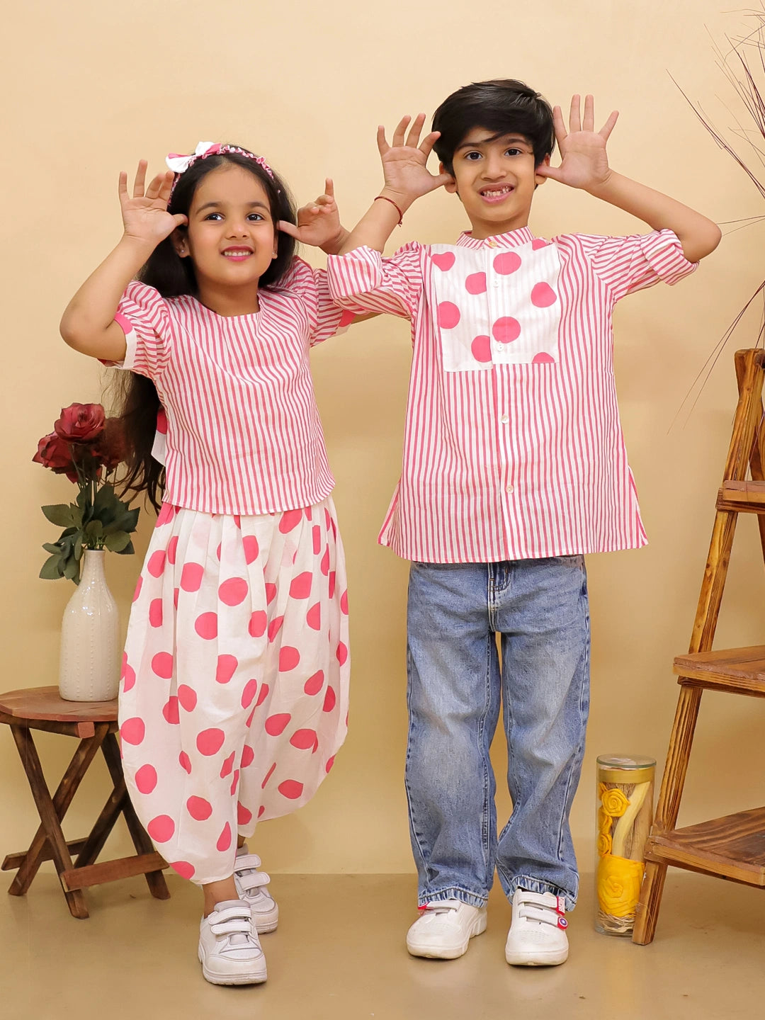 BownBee Summer Polka Dots Short Kurta & Top With Flared Pants Sibling Set