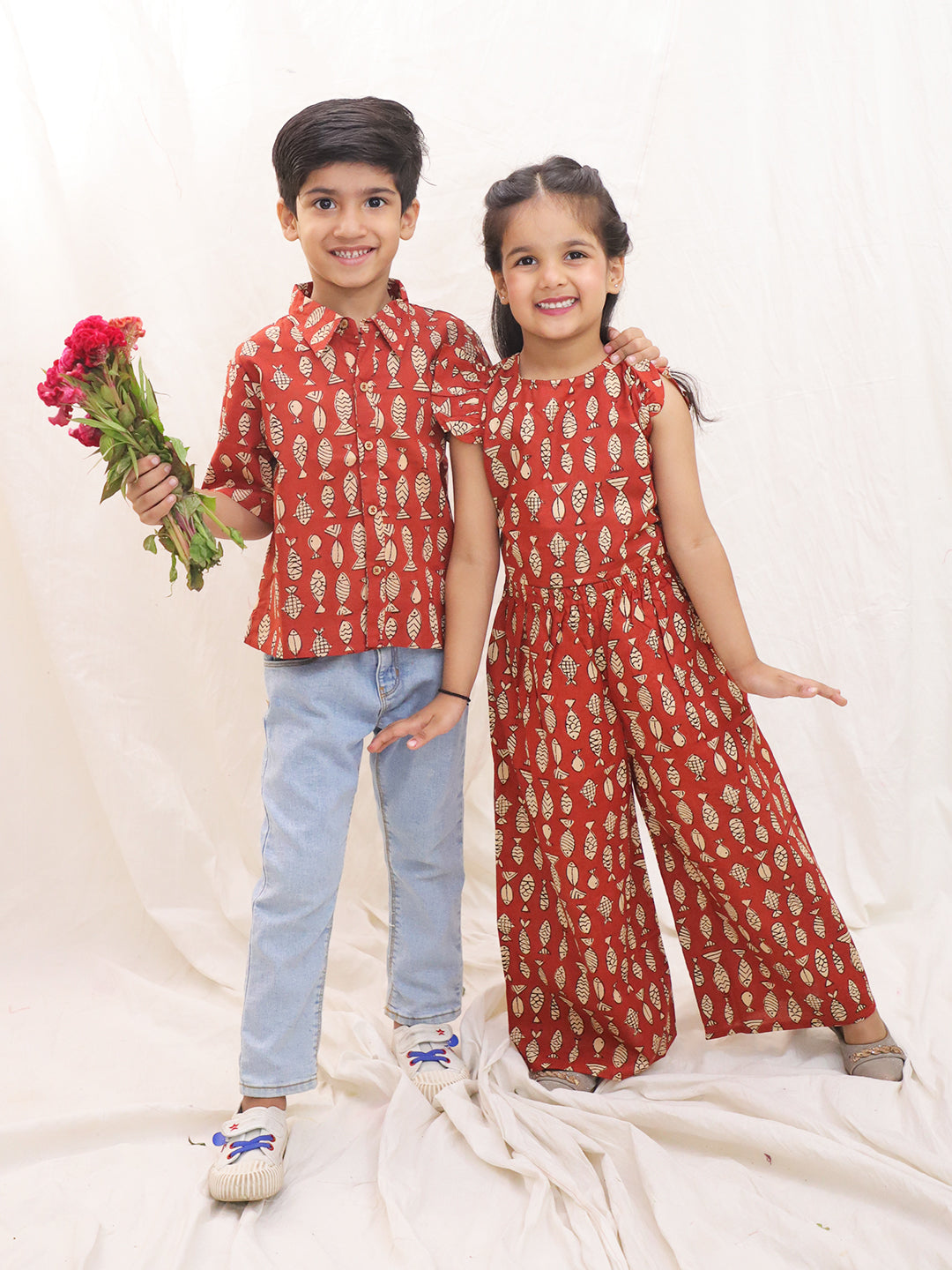 BownBee Pure Cotton Fish Printed Clothing Set & Shirt Sibling Set - Maroon