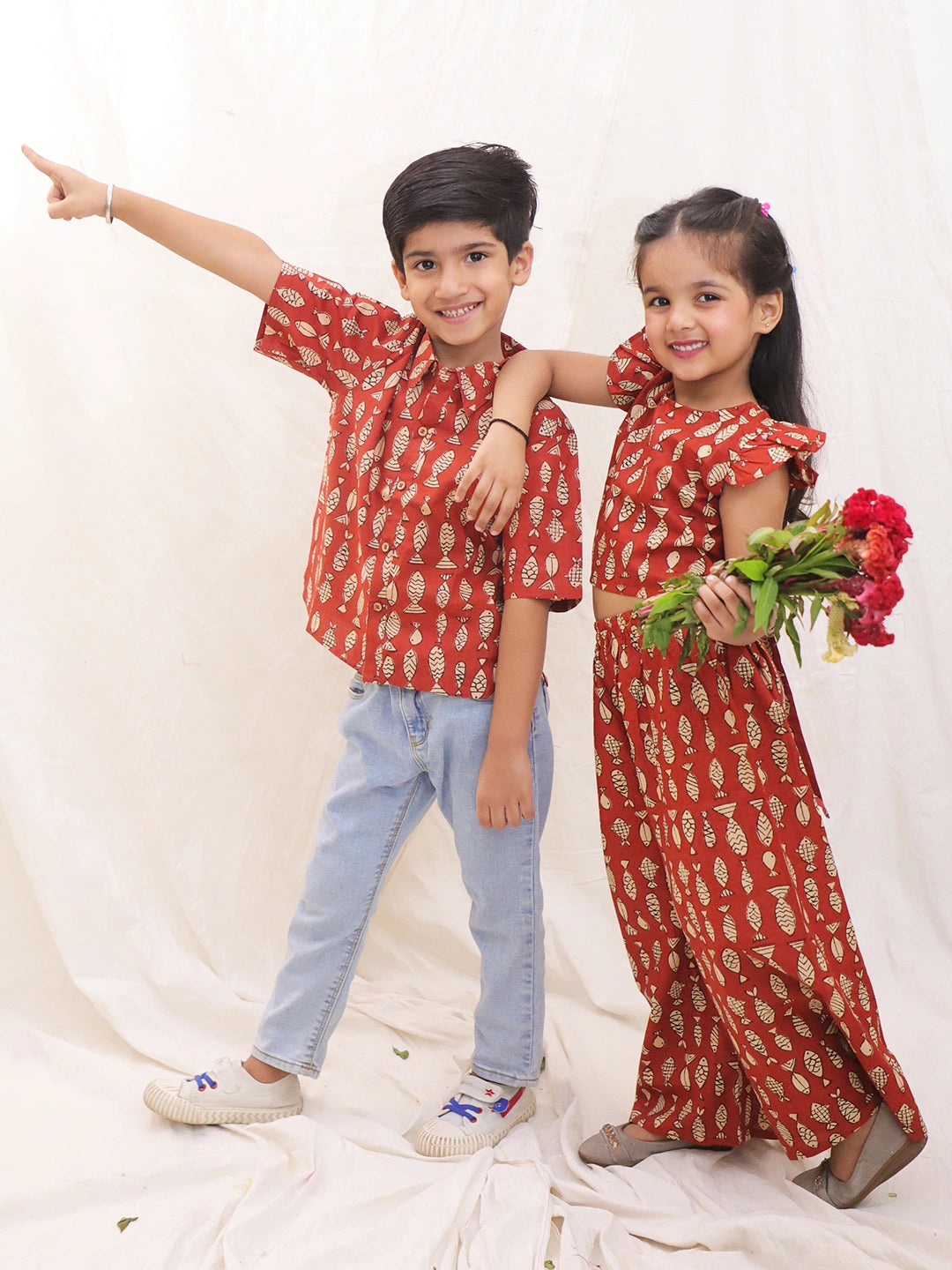 BownBee Pure Cotton Fish Printed Clothing Set & Shirt Sibling Set
