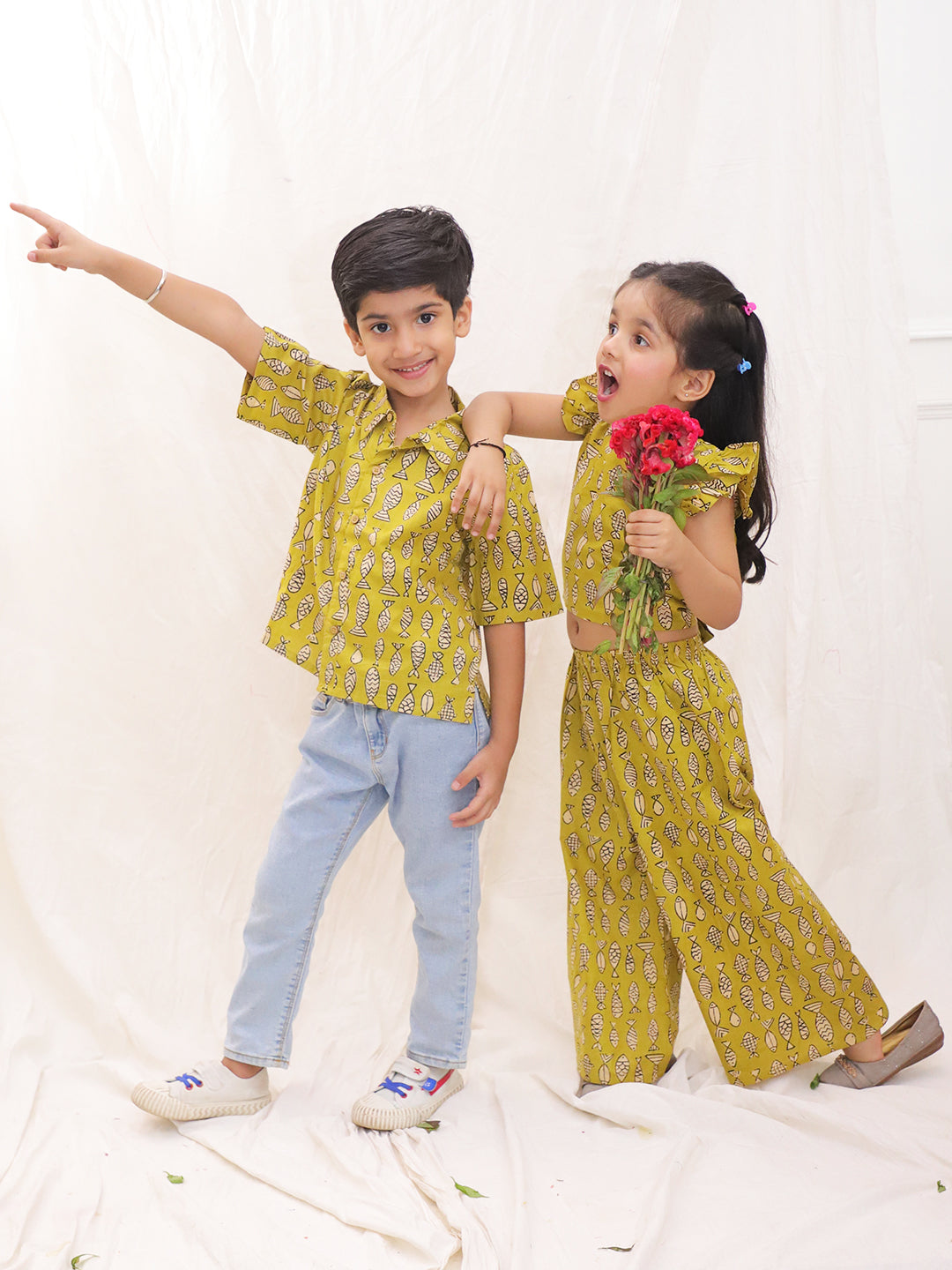 BownBee Pure Cotton Fish Printed Clothing Set & Shirt Sibling Set - Mustard