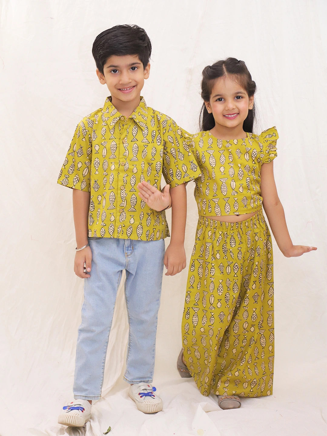 BownBee Pure Cotton Fish Printed Clothing Set & Shirt Sibling Set