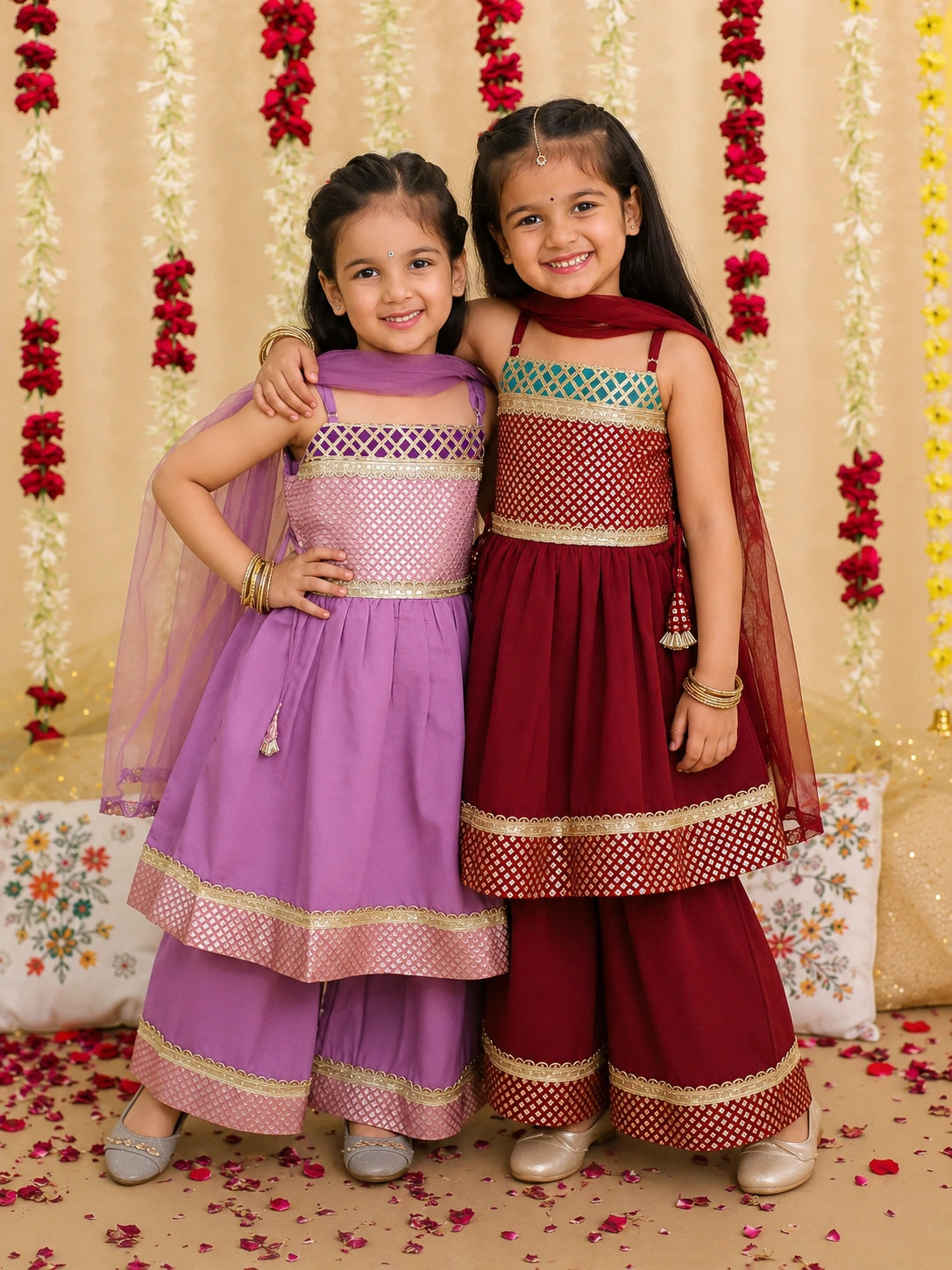 Ethnic Sleeveless Anarkali Suit With Dupatta Sibling Set Maroon & Lilac Combo