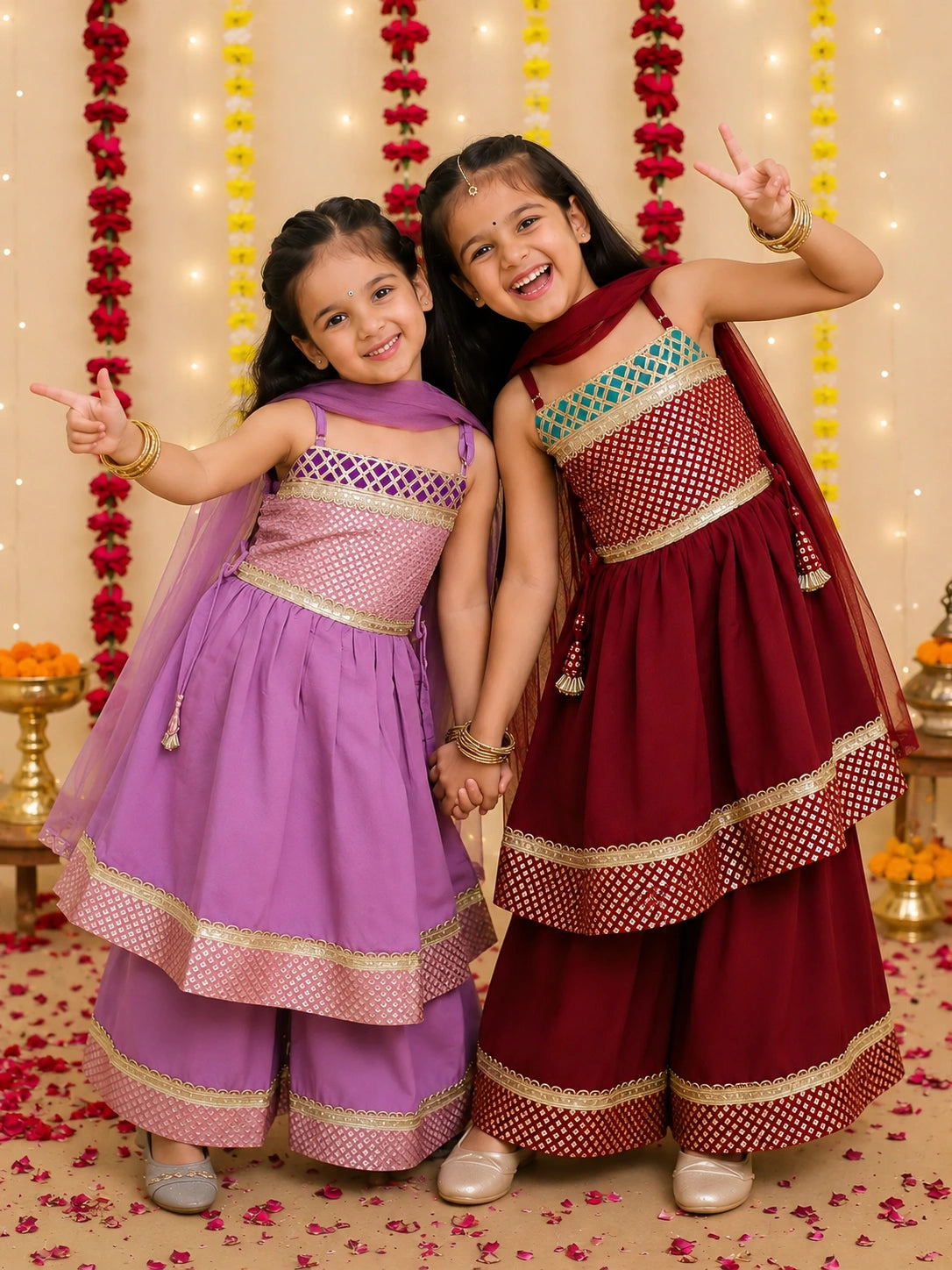 Ethnic Sleeveless Anarkali Suit With Dupatta Sibling Set Maroon & Lilac Combo