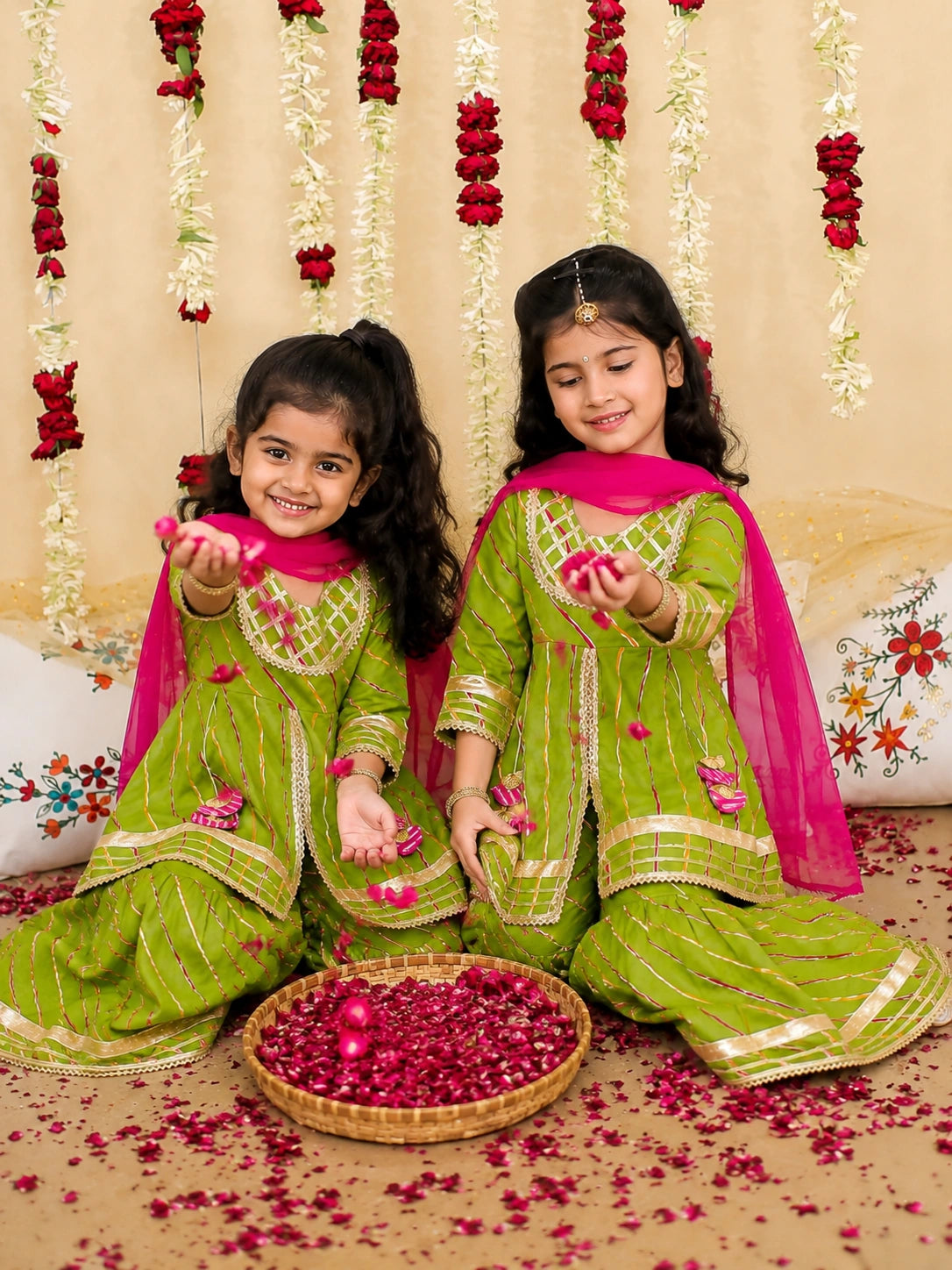 BownBee Pure Cotton Ethnic suit With Dupattaet Sibling Set Combo - Green