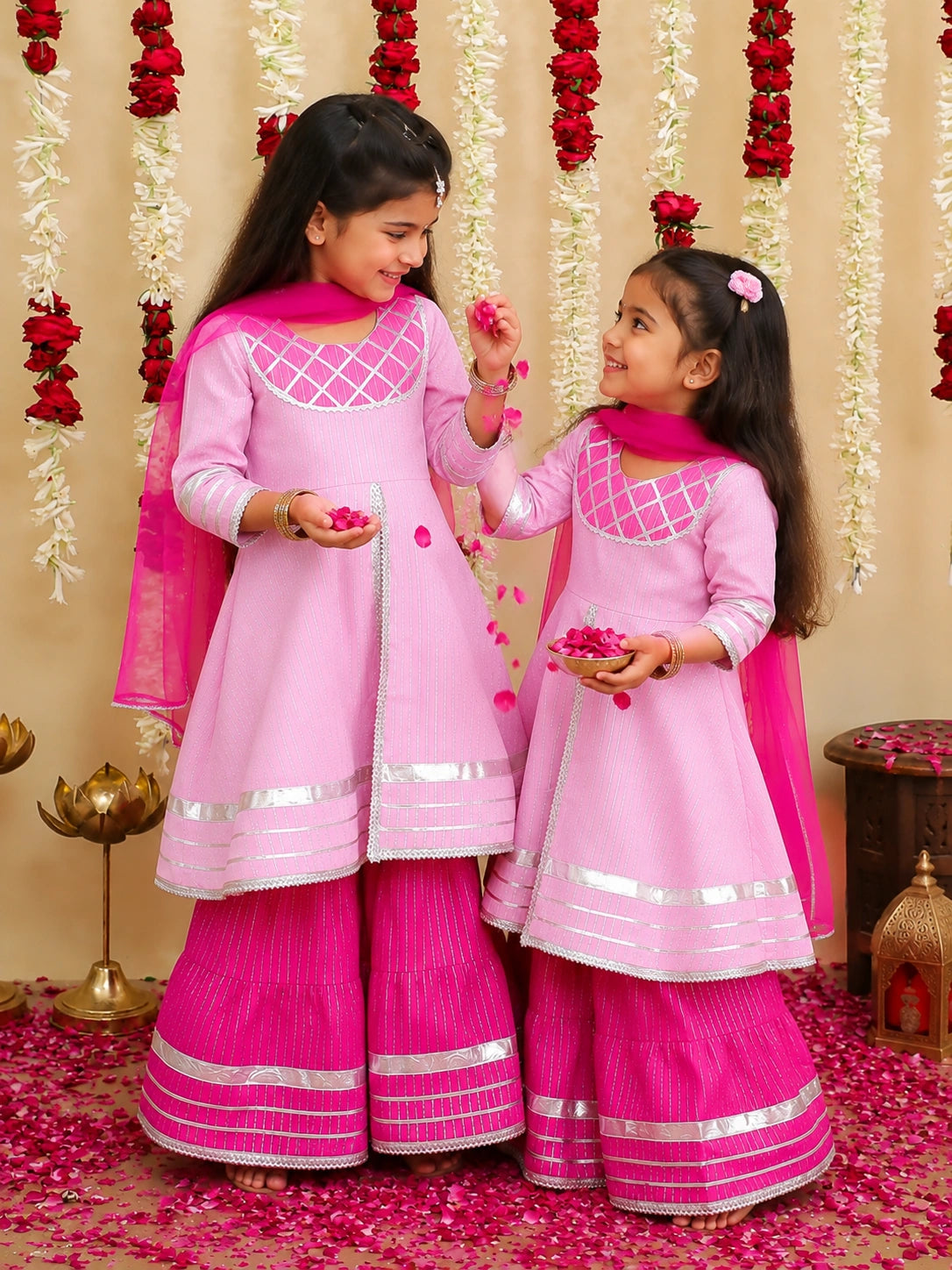 BownBee Pure Cotton Ethnic suit With Dupattaet Sibling Set Combo - Pink