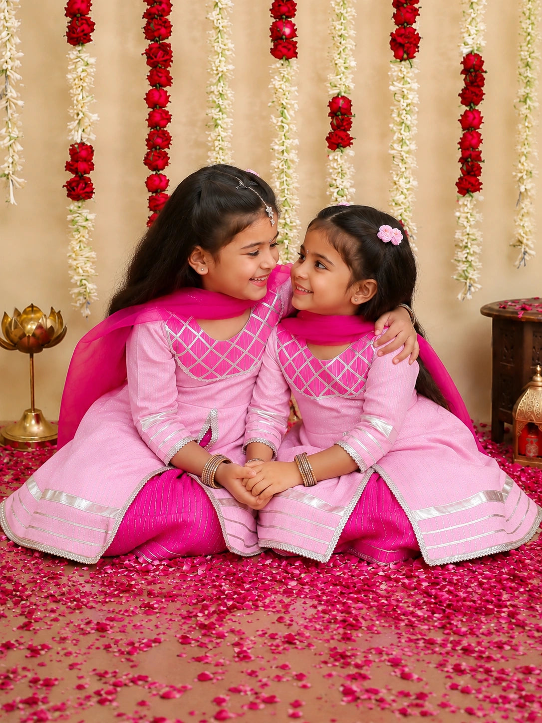 BownBee Pure Cotton Ethnic suit With Dupattaet Sibling Set Combo - Pink