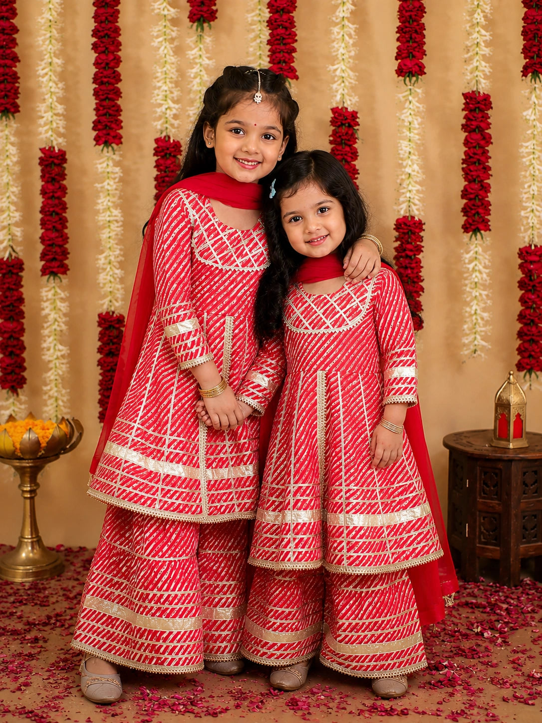 BownBee Pure Cotton Ethnic suit With Dupattaet Sibling Set Combo - Red