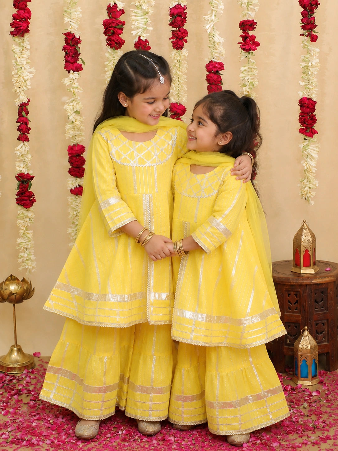BownBee Pure Cotton Ethnic suit With Dupattaet Sibling Set Combo - Yellow