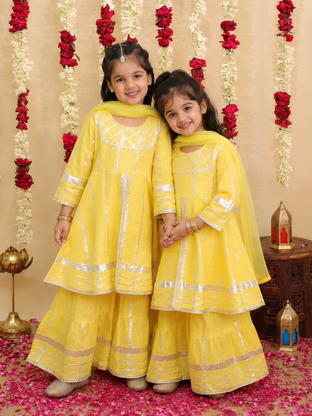 BownBee Pure Cotton Ethnic suit With Dupattaet Sibling Set Combo - Yellow