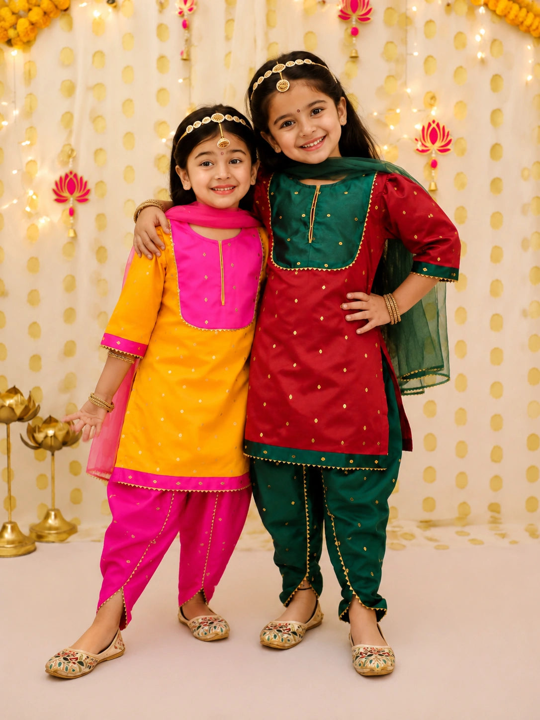 Festive Elbow sleeves Silk Suit With Dupatta Sibling Set Orange & Red Combo