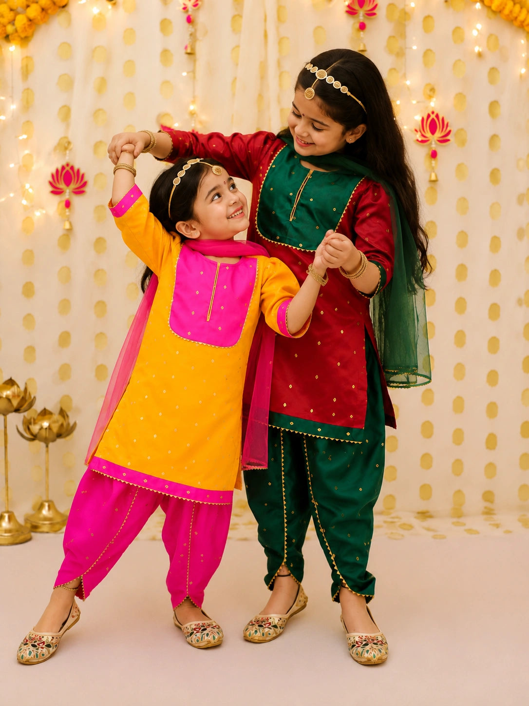 Festive Elbow sleeves Silk Suit With Dupatta Sibling Set Orange & Red Combo