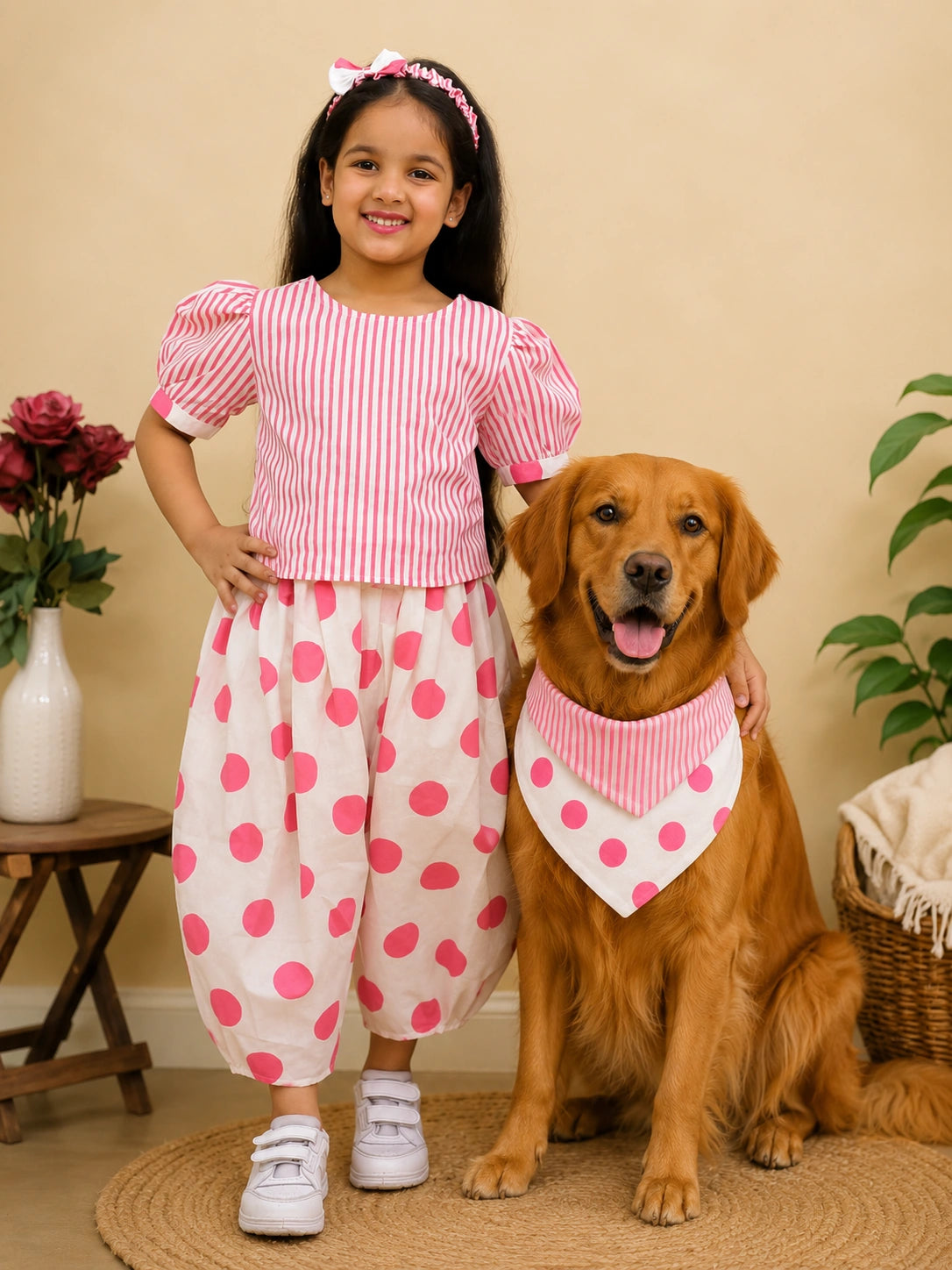 BownBee Pure Cotton Top With Flared Pants & Bandana Set Combo