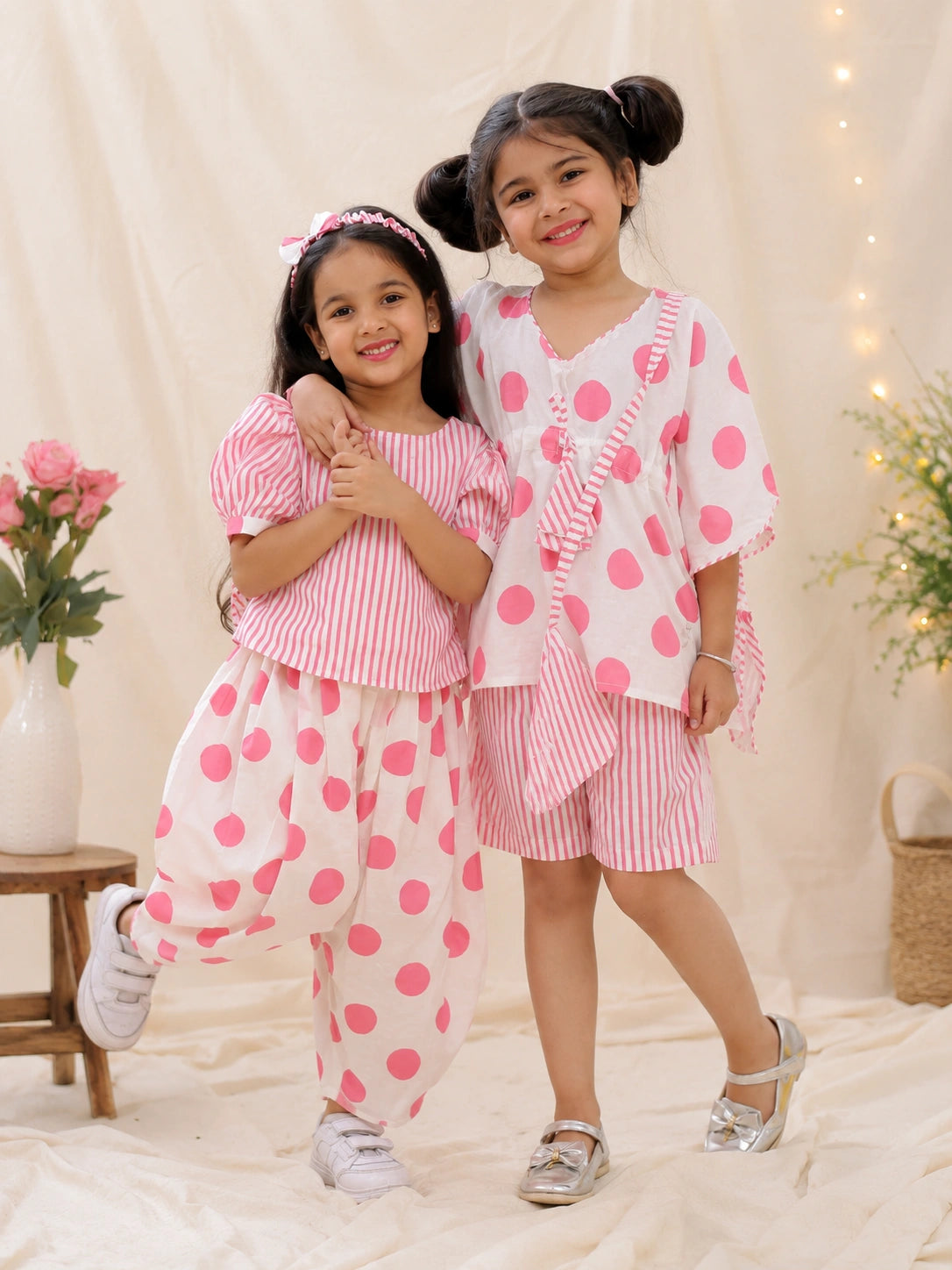 Pure Cotton Polka Printed Top & Bottom Sibling Set Pink & Rose Pink Combo
