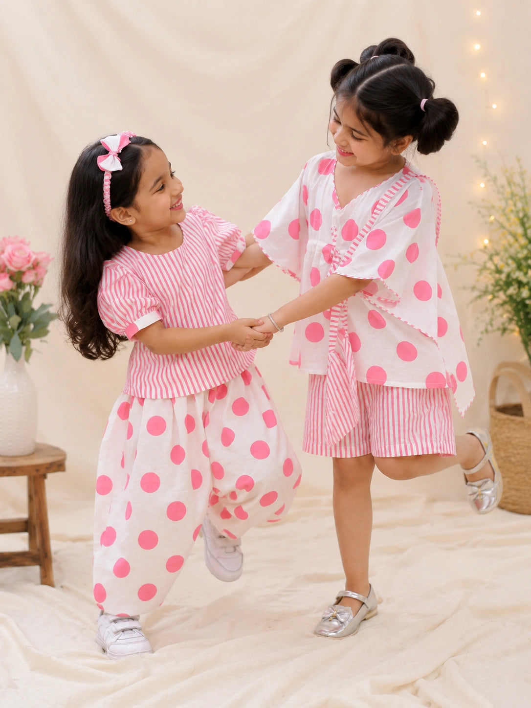 Pure Cotton Polka Printed Top & Bottom Sibling Set Pink & Rose Pink Combo