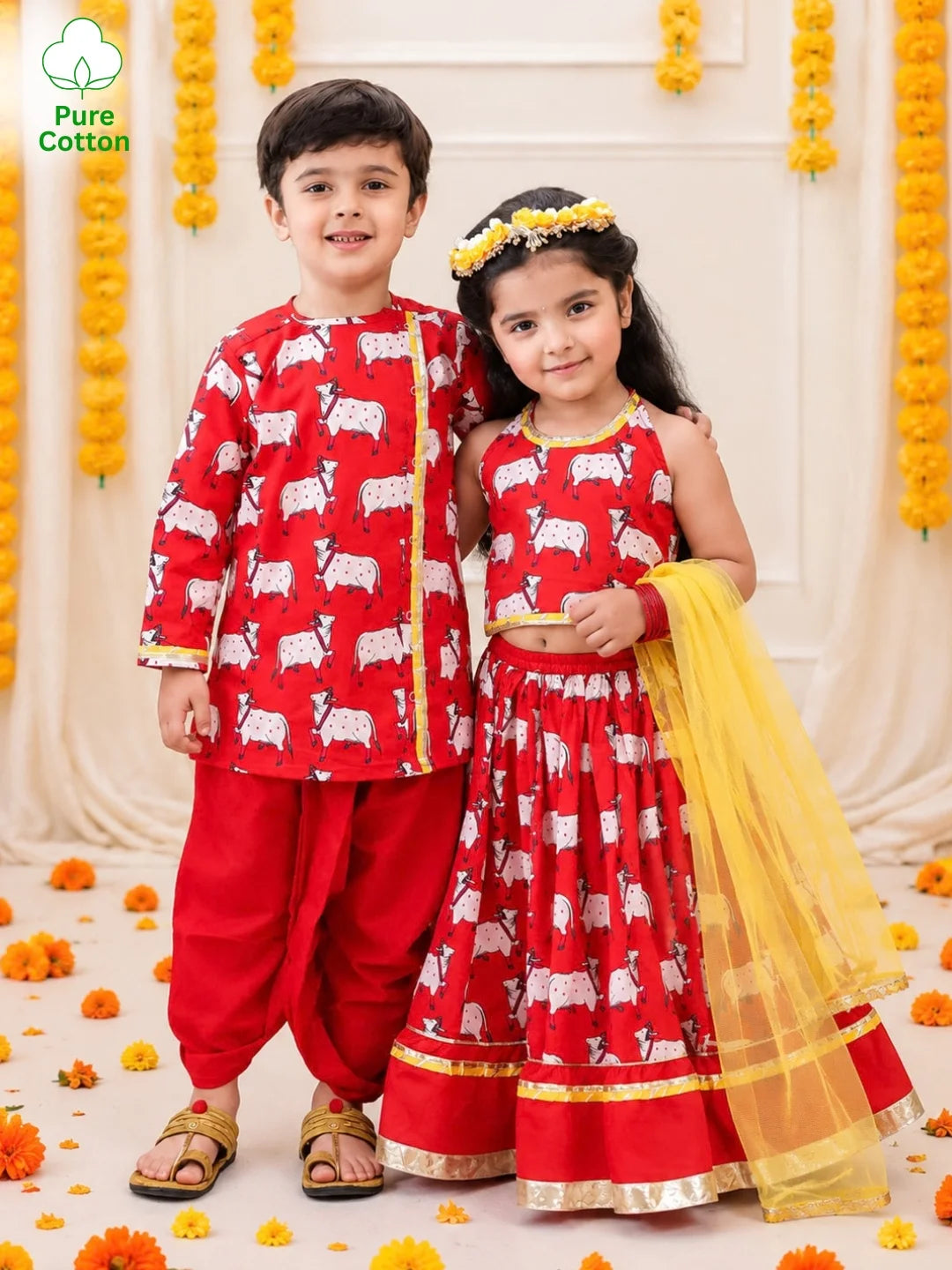BownBee Pure Cotton Printed Dhoti Kurta & Lehenga Choli With Dupatta Sibling Set