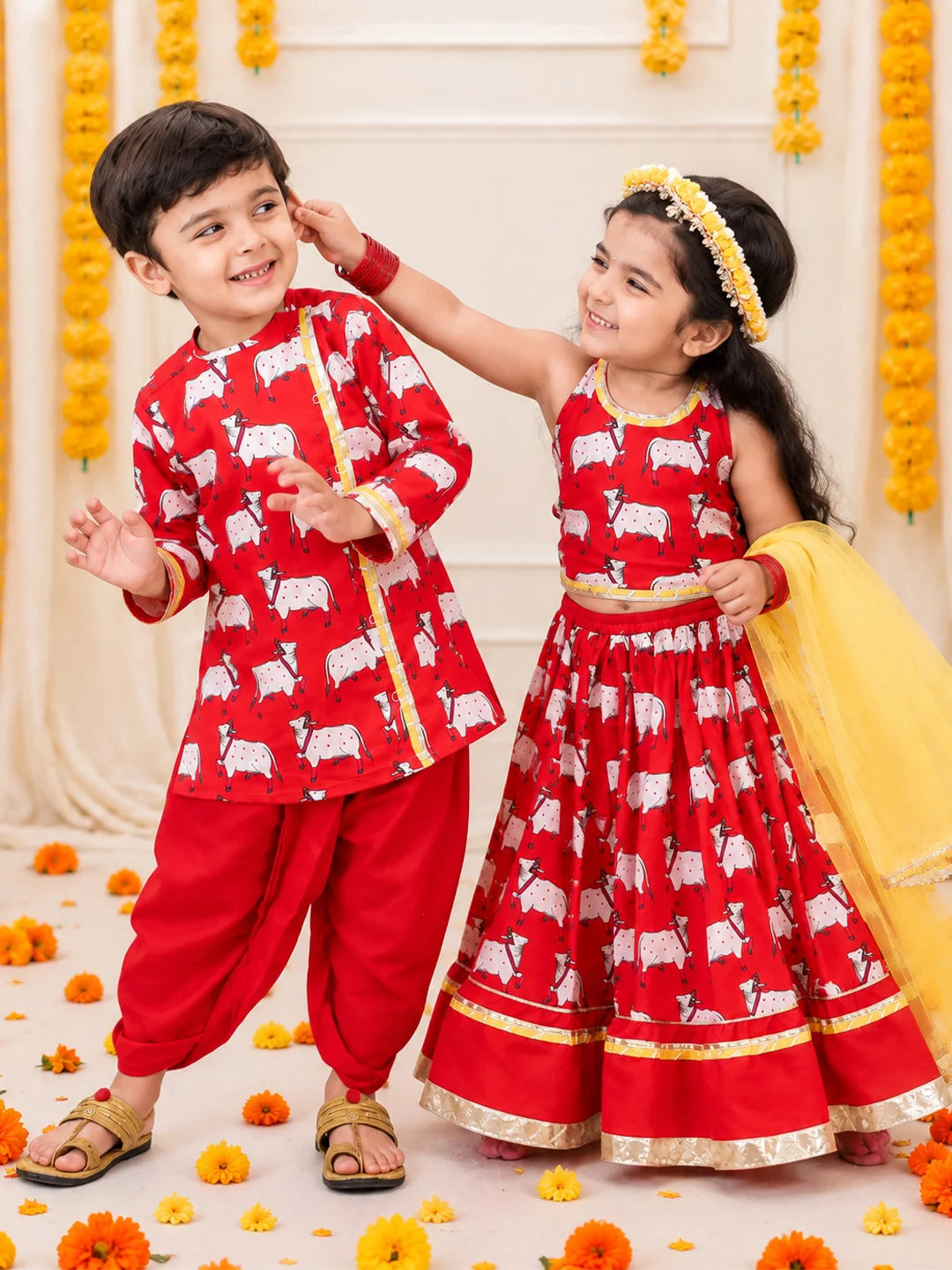 BownBee Pure Cotton Printed Dhoti Kurta & Lehenga Choli With Dupatta Sibling Set