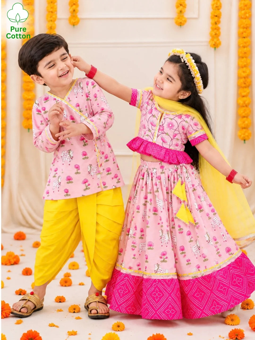 BownBee Pure Cotton Printed Dhoti Kurta & Lehenga Choli With Dupatta Sibling Set