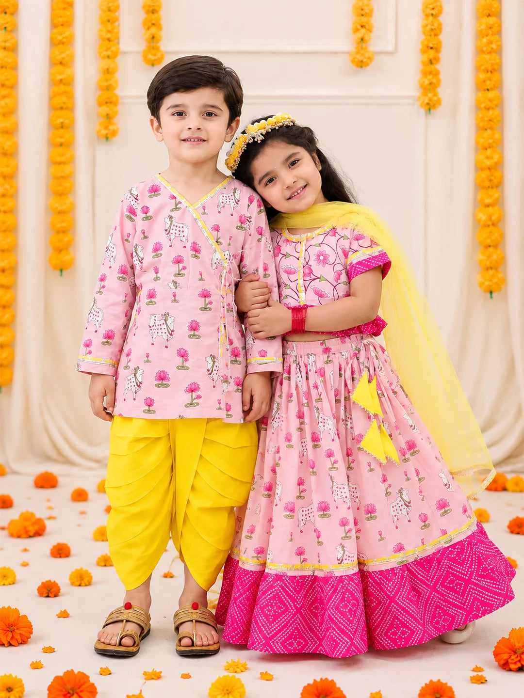 BownBee Pure Cotton Printed Dhoti Kurta & Lehenga Choli With Dupatta Sibling Set