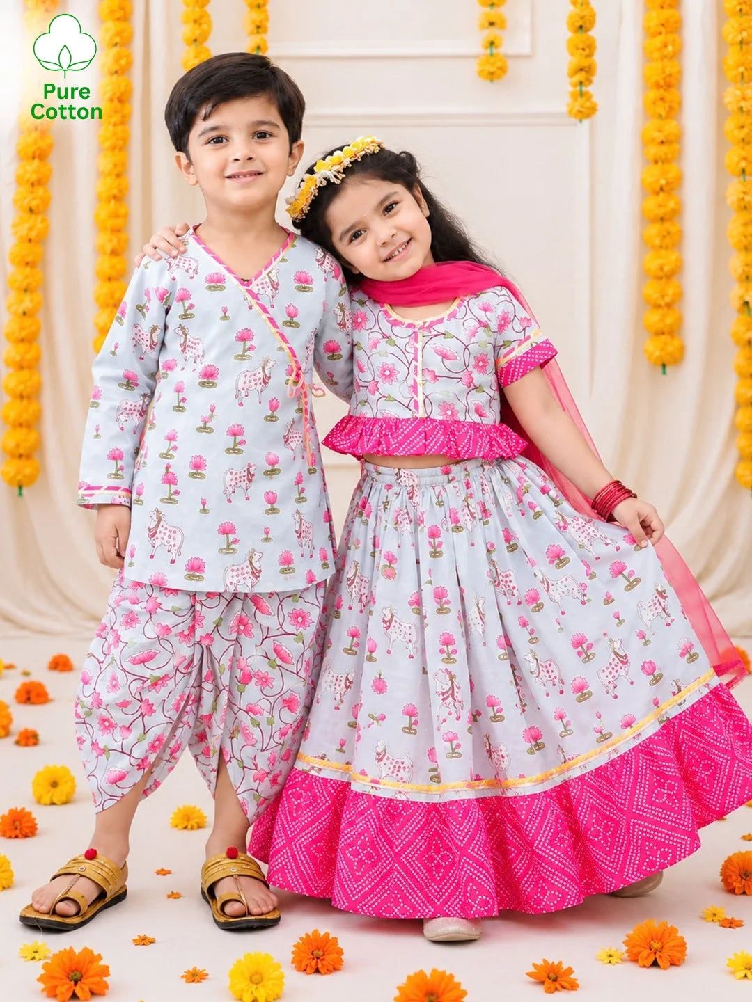 BownBee Pure Cotton Printed Dhoti Kurta & Lehenga Choli With Dupatta Sibling Set