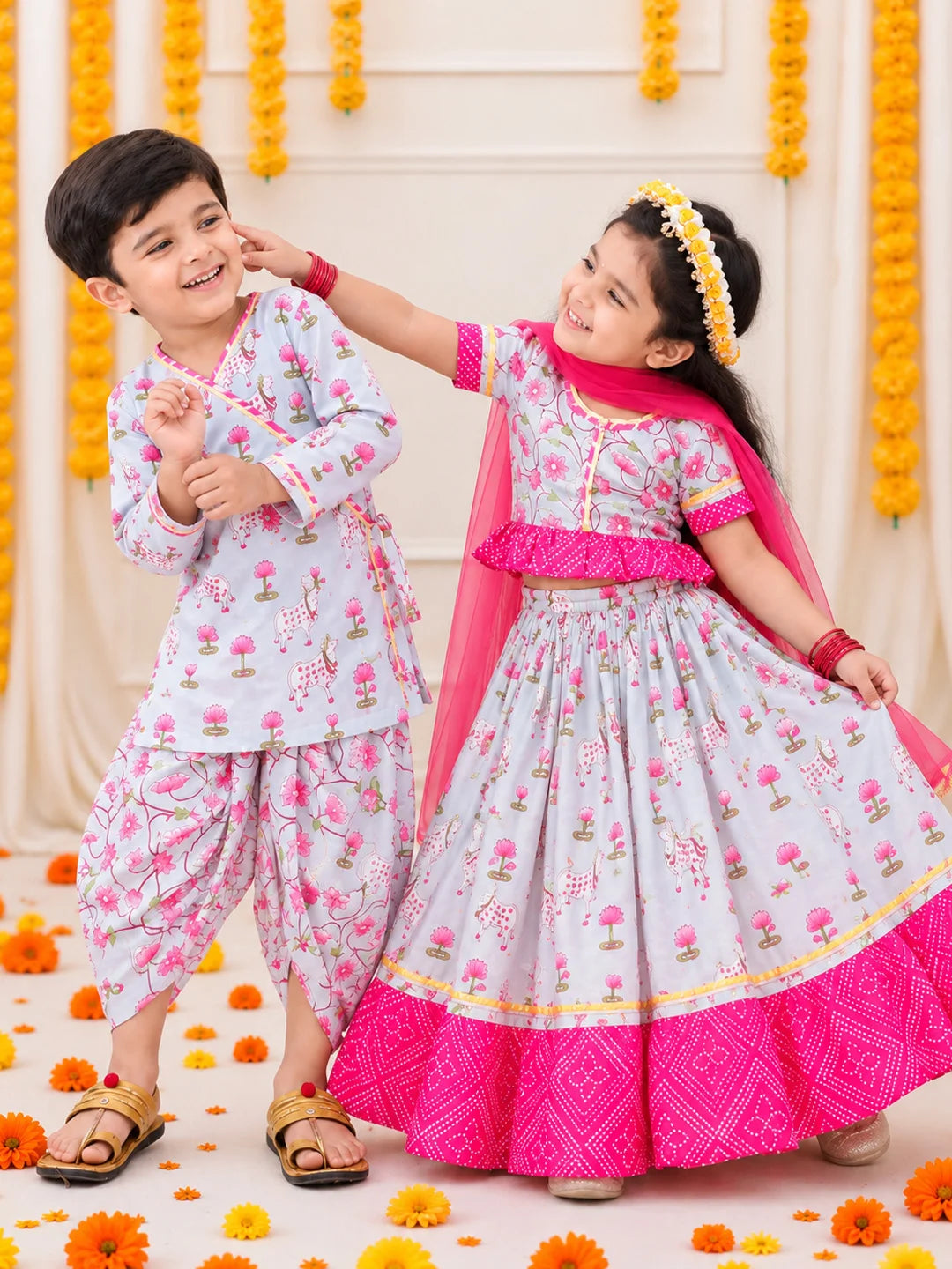 BownBee Pure Cotton Printed Dhoti Kurta & Lehenga Choli With Dupatta Sibling Set