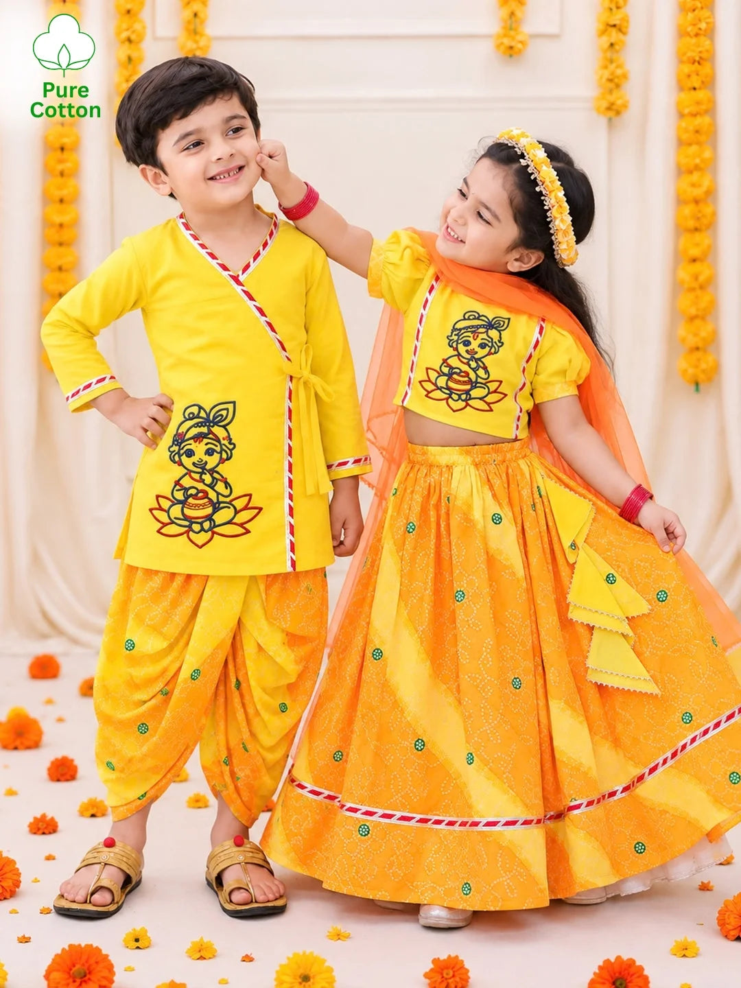 BownBee Pure Cotton Embroidered Dhoti Kurta & Lehenga Choli With Dupatta  Sibling Set