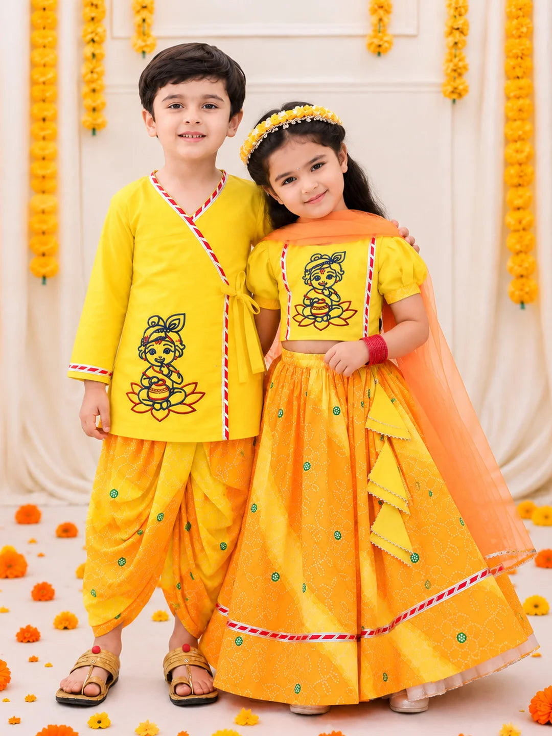 BownBee Pure Cotton Embroidered Dhoti Kurta & Lehenga Choli With Dupatta  Sibling Set