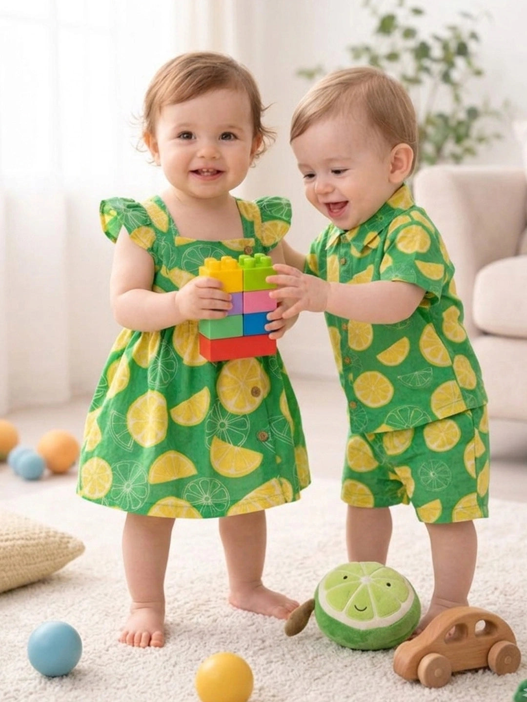 BownBee Summer Printed Dress & Shirt With Shorts Sibling Set
