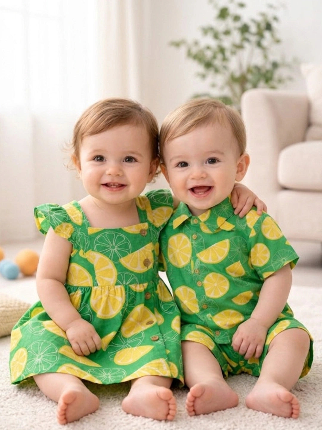 BownBee Summer Printed Dress & Shirt With Shorts Sibling Set