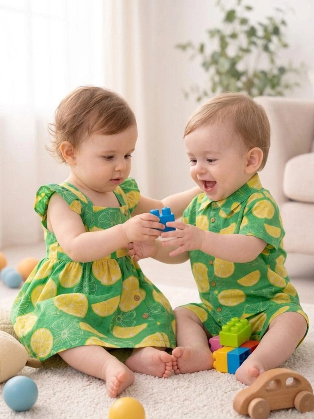 BownBee Summer Printed Dress & Shirt With Shorts Sibling Set