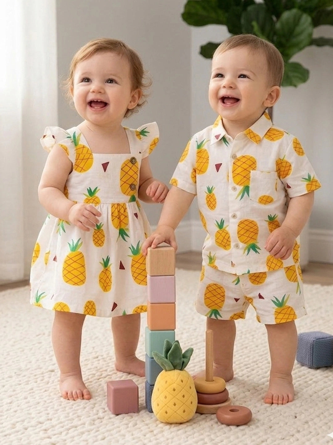 BownBee Summer Printed Dress & Shirt With Shorts Sibling Set