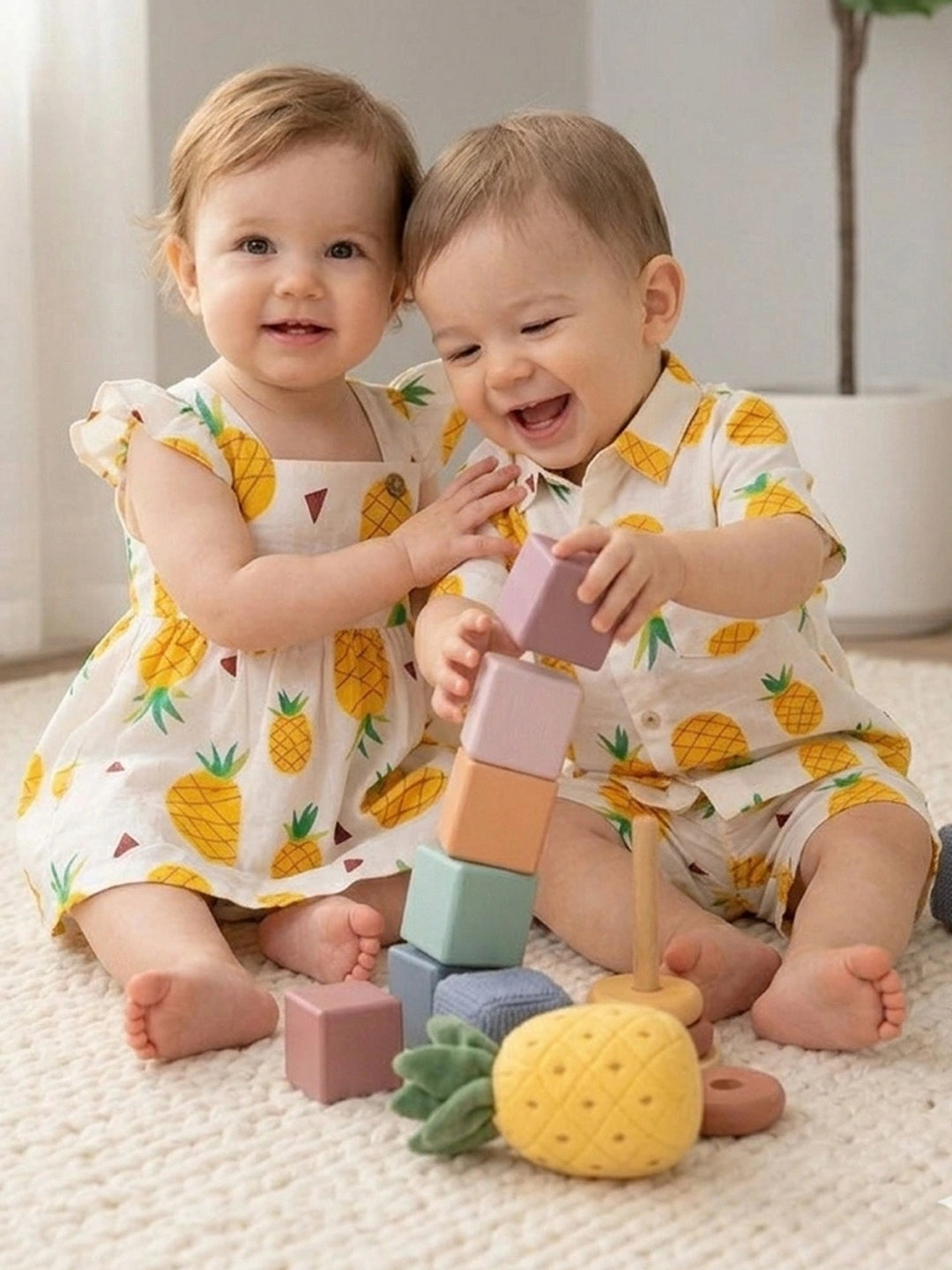 BownBee Summer Printed Dress & Shirt With Shorts Sibling Set