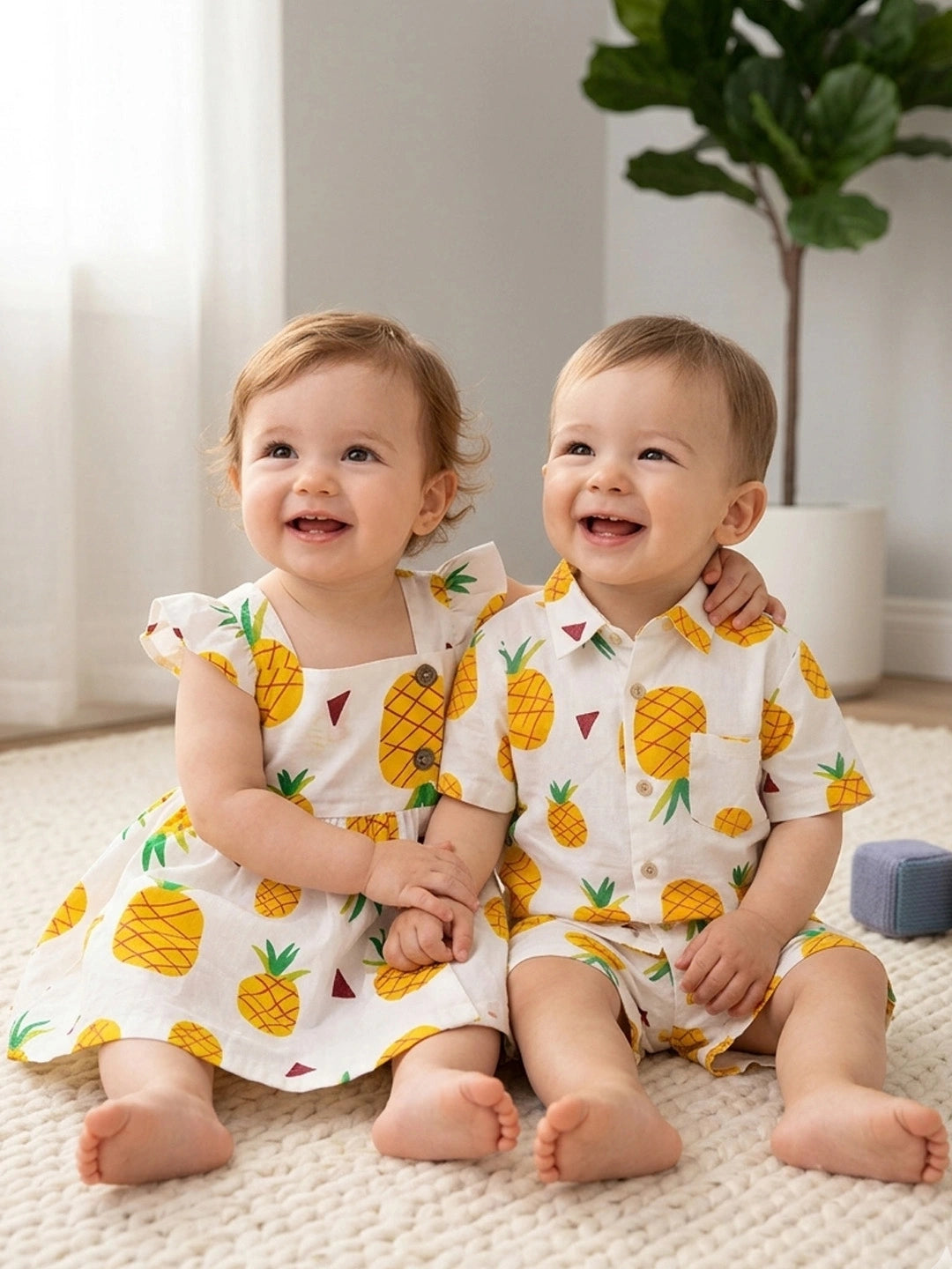 BownBee Summer Printed Dress & Shirt With Shorts Sibling Set
