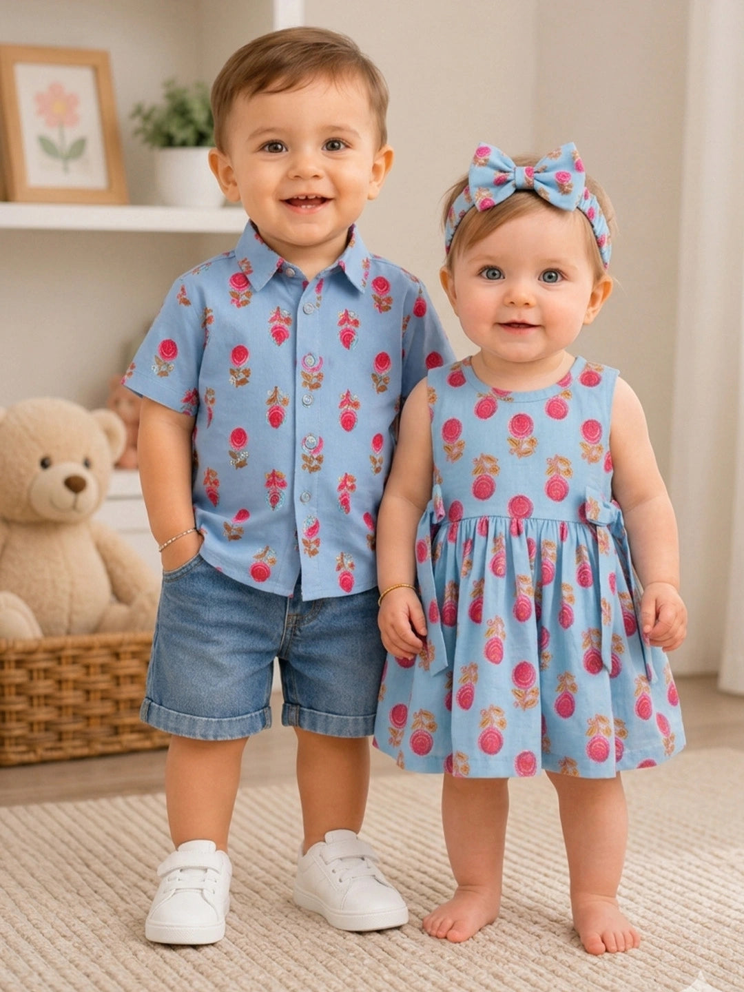 BownBee Summer Printed Dress & Half Sleeve Shirt Sibling Set
