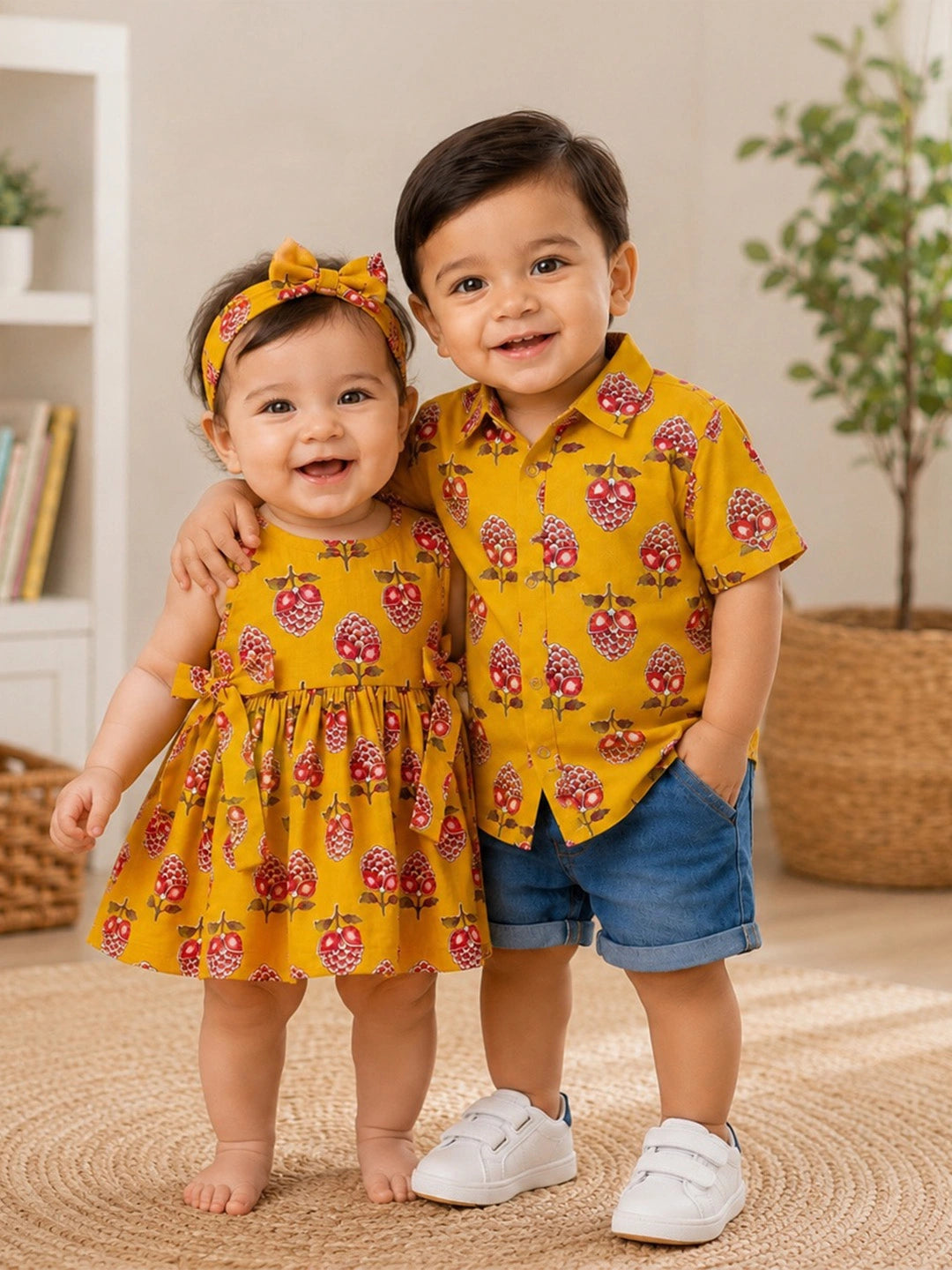 BownBee Summer Printed Dress & Half Sleeve Shirt Sibling Set