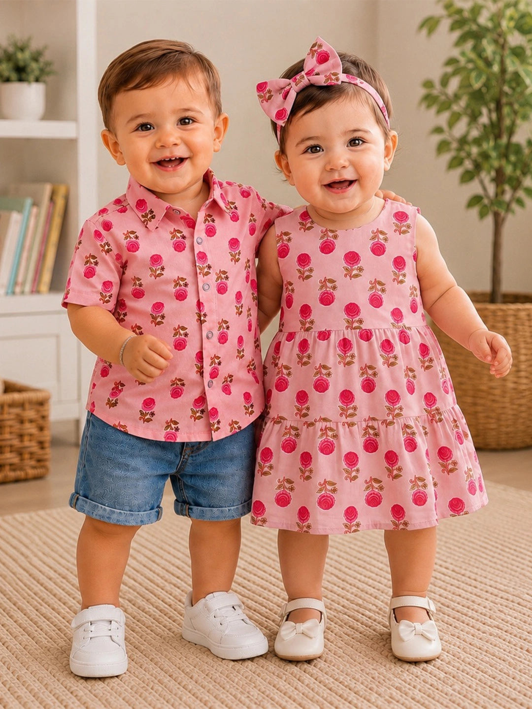 BownBee Summer Printed Dress & Half Sleeve Shirt Sibling Set