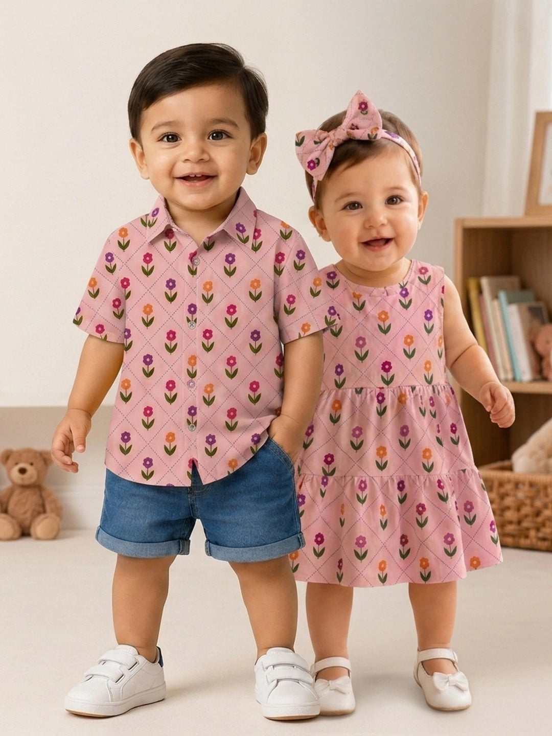 BownBee Summer Printed Dress & Half Sleeve Shirt Sibling Set