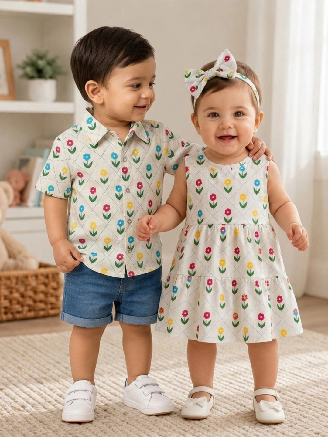 BownBee Summer Printed Dress & Half Sleeve Shirt Sibling Set